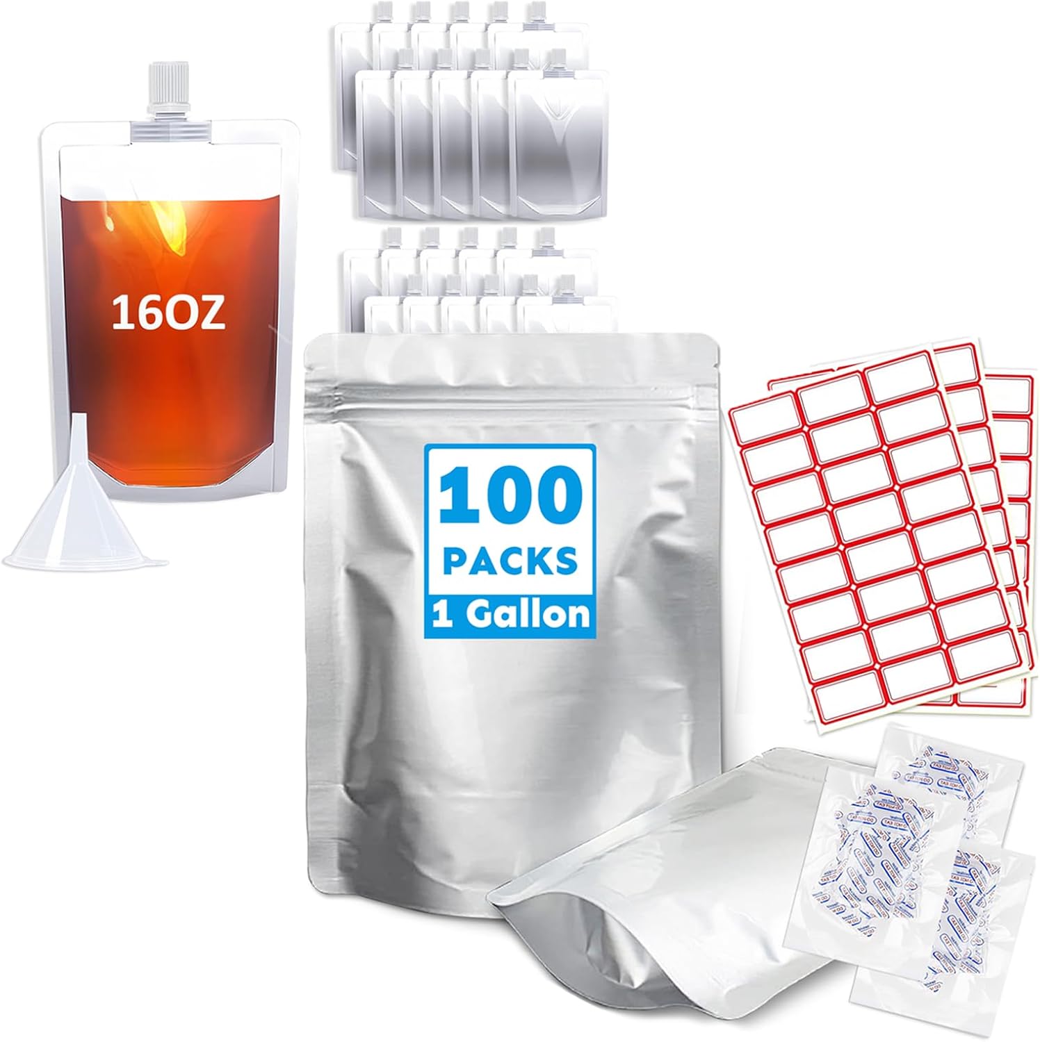 Mylar Bags 100PCS 1Gallon14"X10"&Drink Bags 30PCS 16OZ,Stand Up Bags with Oxygen Absorbers&Labels for Food Storage,Reusable Plastic Flasks Pouches with Funnel for Beverage,Juice,Camping,BPA Free
