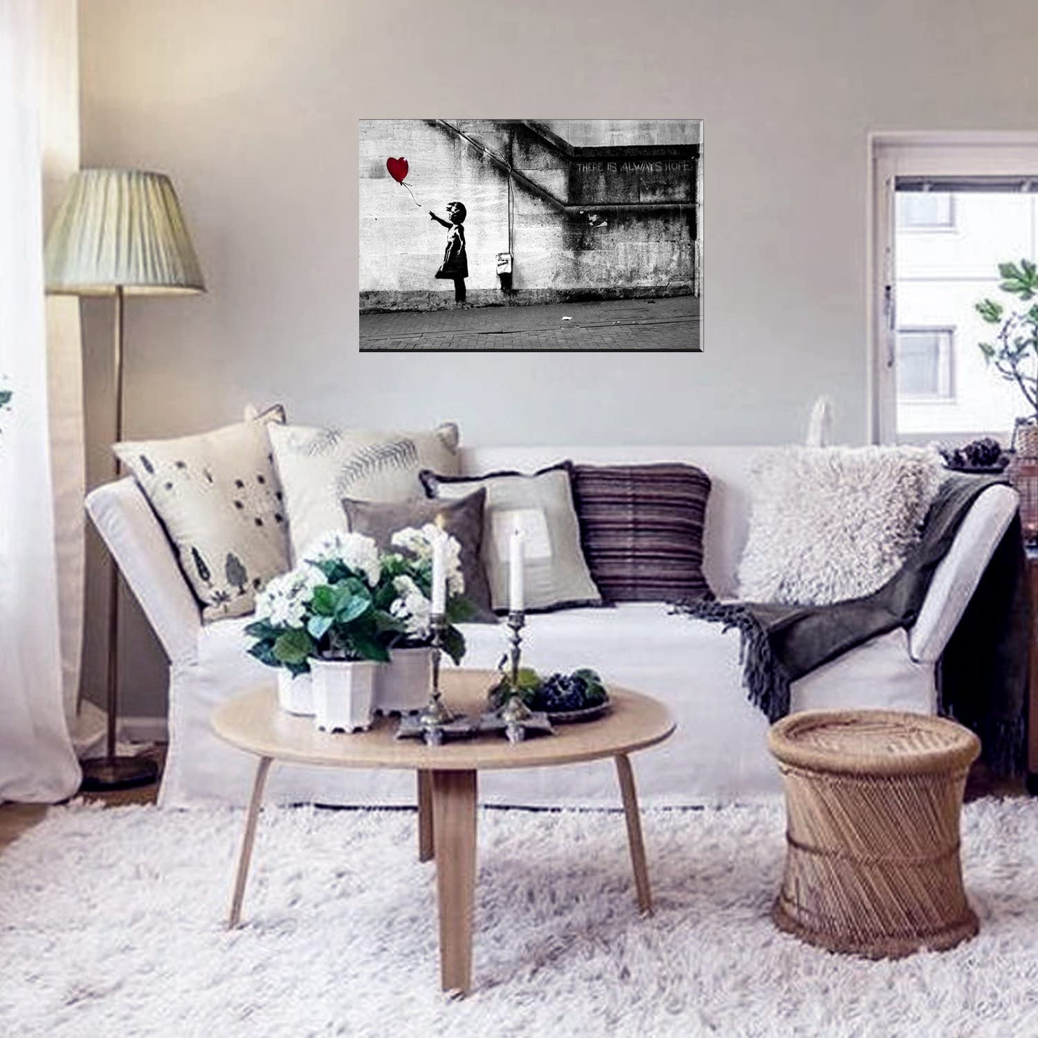 PIY Banksy Graffiti painting Art Décor Impression sur toile HD Image Peinture Tableaux de la Mur Imperméable prete à poser Décoration Moderne pour la Salle Chamber Fille Ballon Rouge 75x50cm