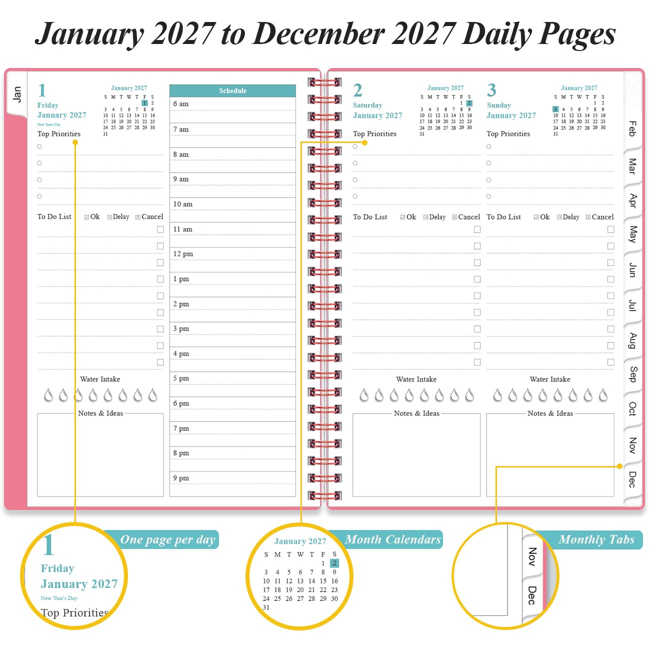 Agenda journalier 2026 - Page complète par jour - Agenda journalier et mensuel 2026 de janvier 2026 à décembre 2026 - Planning journalier 2026 avec onglets de 12 mois - 16,3 x 21,6 cm - Rose