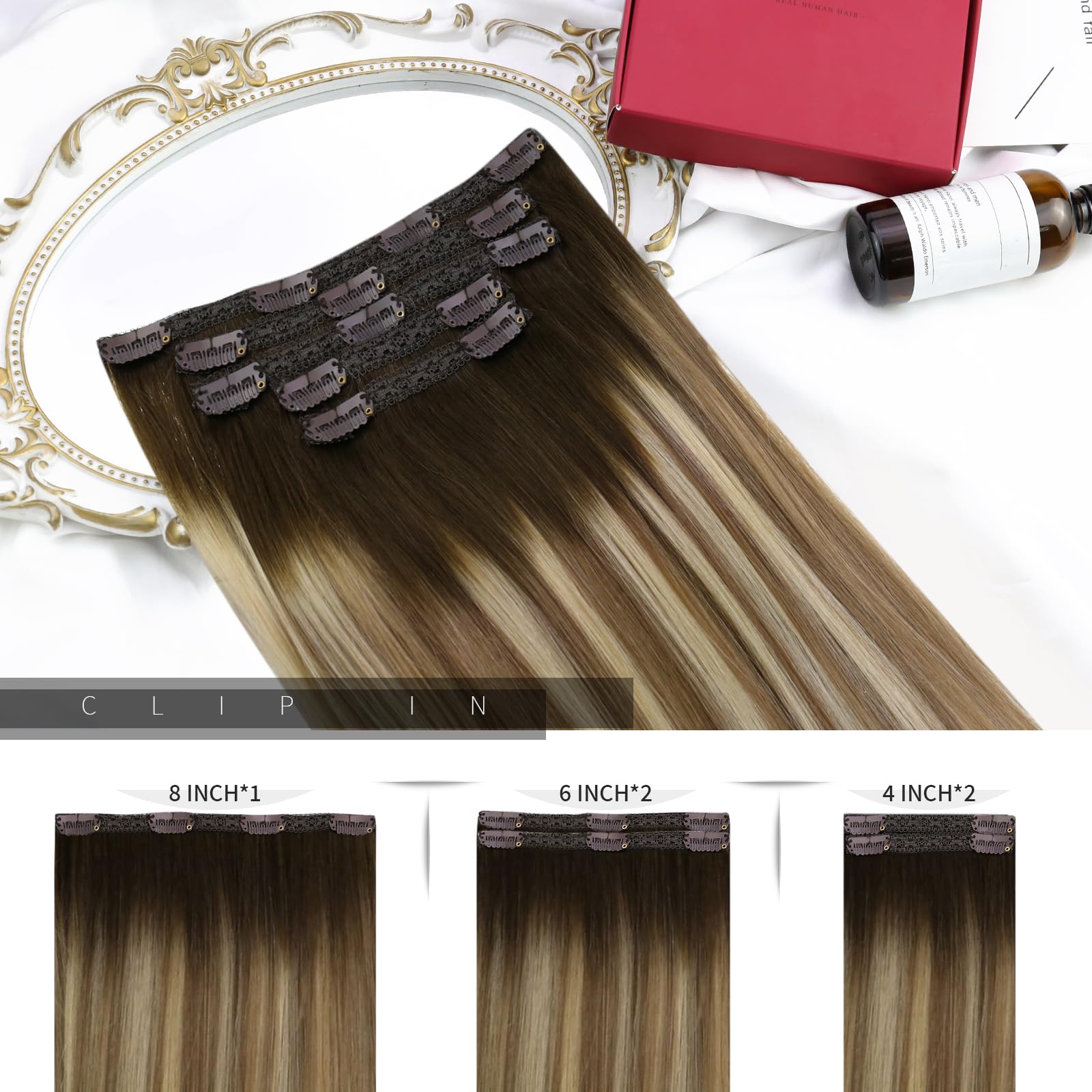 Moresoo Clip in Hair Extensions Real Human Hair Shoulder-length 14 Inch Short Double Wefted Clip in Hair Extensions Remy Straight Ombre Brown to Light Brown with Medium Blonde #3/8/22 5pcs 80G - Image 3