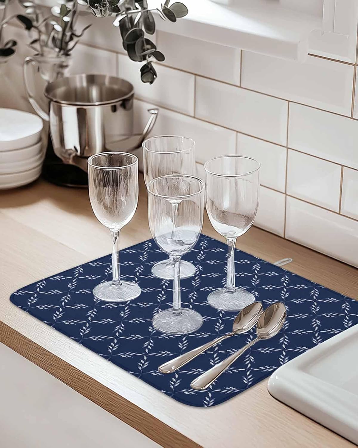 White Diamond Lattice Dish Drying Mat for Kitchen Counter Navy Blue Retro Plaid Texture Super Absorbent Microfiber Coffee Bar Mat Washable Dish Drainer Rack Mat, 2 Pack, 18" x 24"