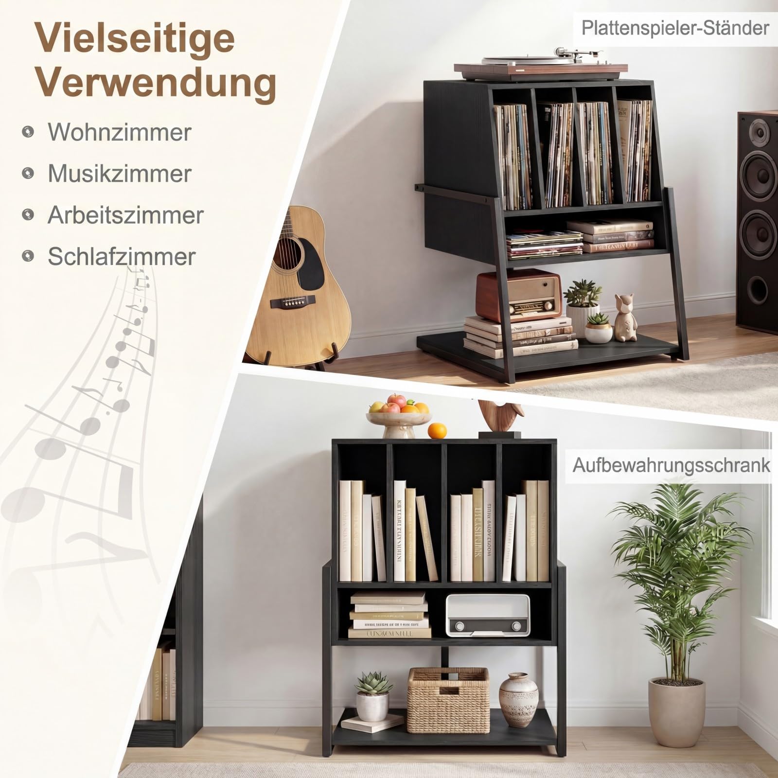 COSTWAY Plattenspielerständer, Vinyl Schallplattentisch mit breite Tischplatte, 4 Trennwänden & unteres Regal, Schallplattenständer Holz für Arbeitszimmer und Musikzimmer, 54 x 57 x 76,5 cm