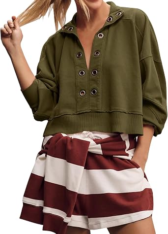 Kissonic Womens Deep V Neck Cropped Sweatshirt Casual Long Sleeve Pullover Oversized Popover Tops 2025 Spring Fashion