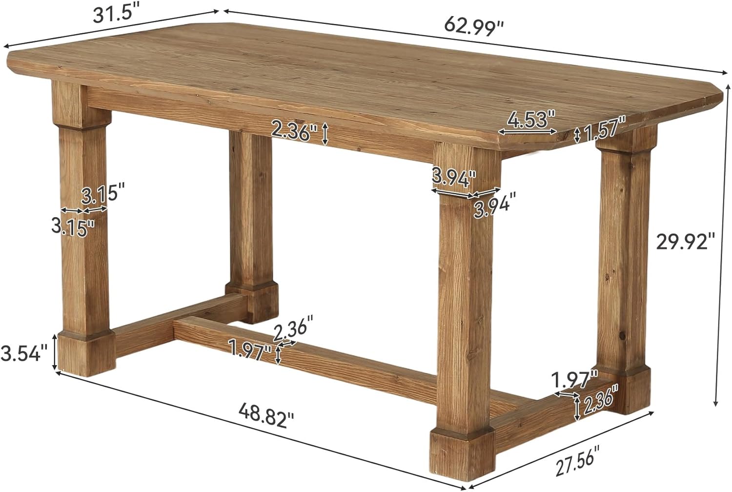 63" Solid Wood Dining Table, Rectangular Kitchen Table with Sturdy Legs, Rustic Wooden Dinner Tables for 4-6, Dining Room, Living Room, Natural Finish