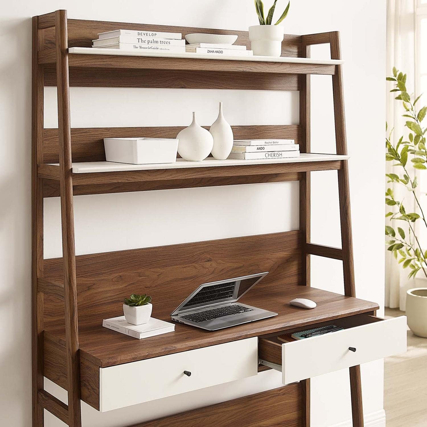 Modway Bixby Home Office Desk with Bookshelf in Walnut White EEI-6073-WAL-WHI