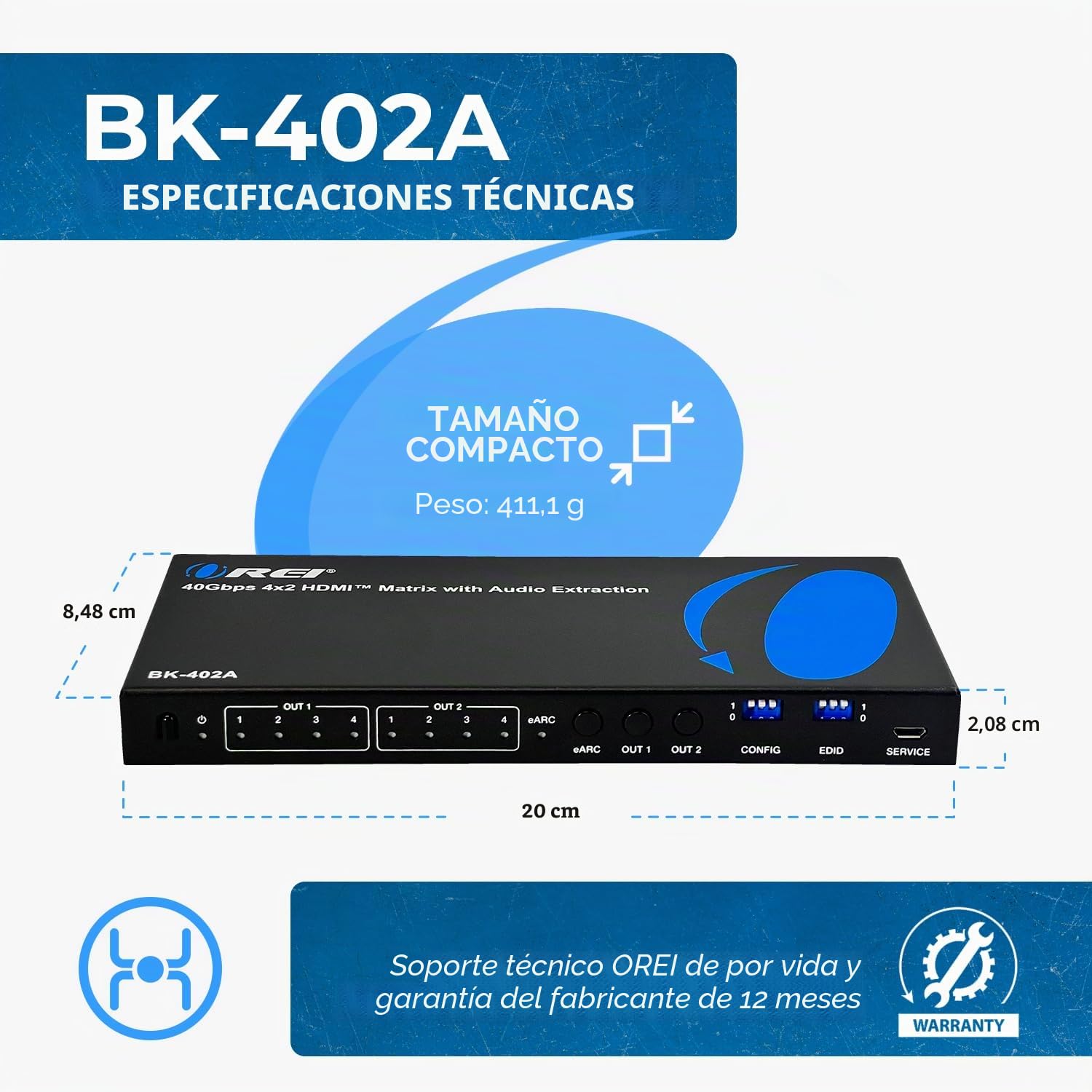 OREI 8K eARC - Interruptor Matriz HDMI 4 x 2, conmutador con Extractor de Audio UltraHD soporta hasta 4K @ 120Hz IR EDID HDCP 2.3 - Control Remoto (BK-402A) | Interruptor de matriz 4x2, matriz de video 4 x 2 - HDMI 2.1, 40Gbps, VRR, ALLM, FVA, HDCP 2.3, 4