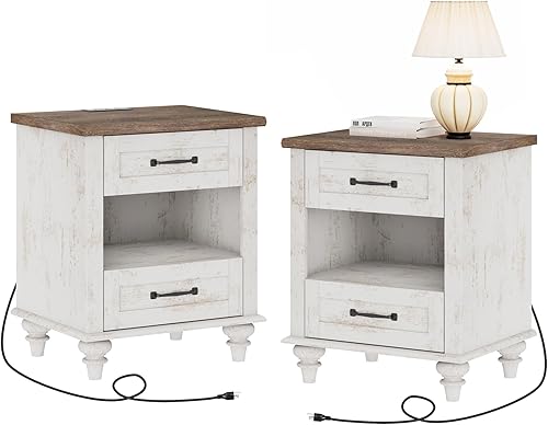 Miniatura 11 de WAMPAT Mesa auxiliar blanca con 2 cajones y estación de carga, mesita de noche de mediados de siglo para dormitorio con tomas de corriente y puertos