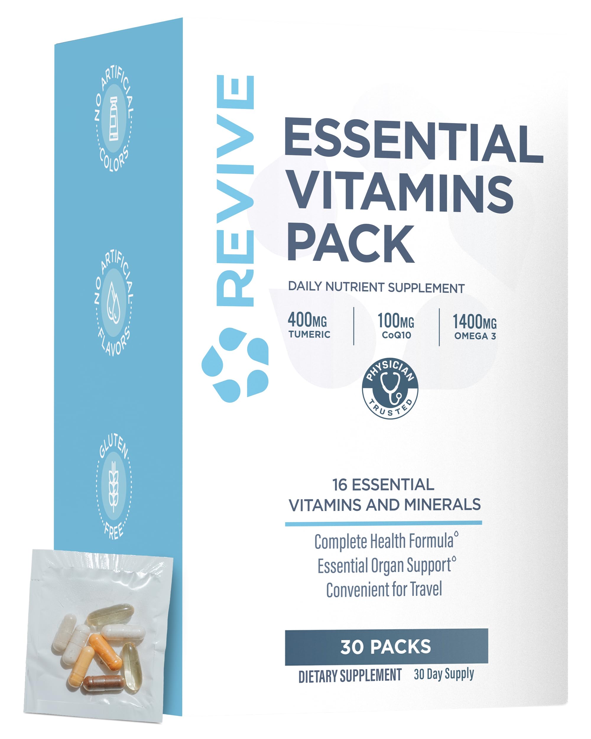 Revive MD Essential Vitamin Packs for Men & Women – Daily Multivitamin Packets with Arjuna & Turmeric Extract – Supports Heart, Joint & Organ Health – Travel-Friendly Vitamin Supplement (30 Servings)