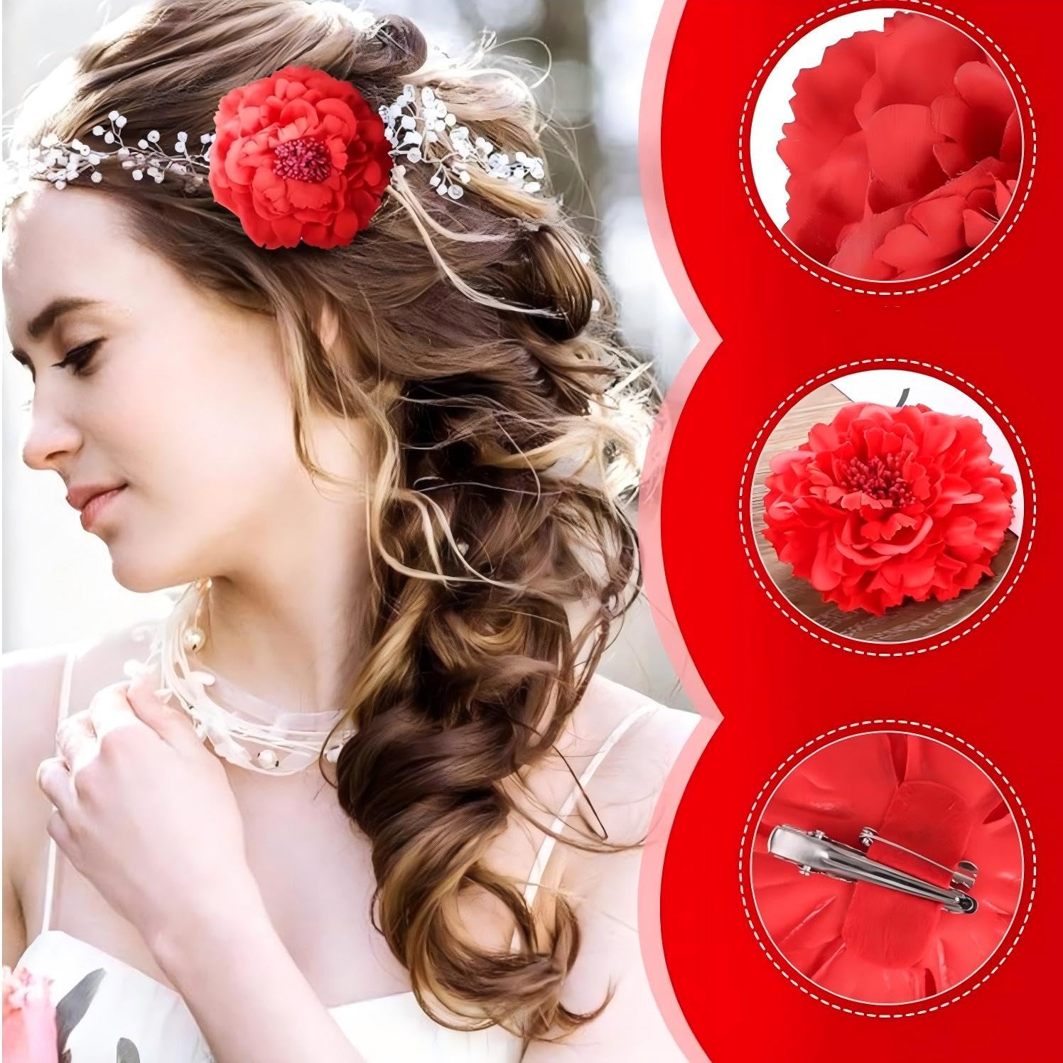 RUIENGCOMM 2Pcs Peony Hair Clip Large Fascinator Peony Hairpin Red Flower Hair Clip for Women Girls Party Beach Wedding Bridesmaid Flower Girl Accessories - Image 4