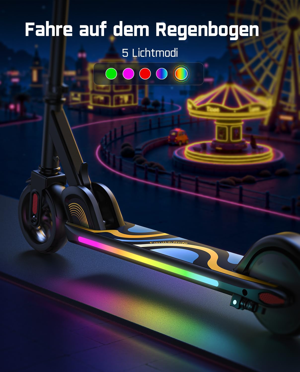 FanttikRide C9 Pro Elektroroller für Kinder 8-12 Jahren, Bunte Regenbogenlichter, 8/12/16 km/h, 8KM Reichweite, LED-Anzeige, Höhenverstellbar, Faltbar, für Jungen und Mädchen