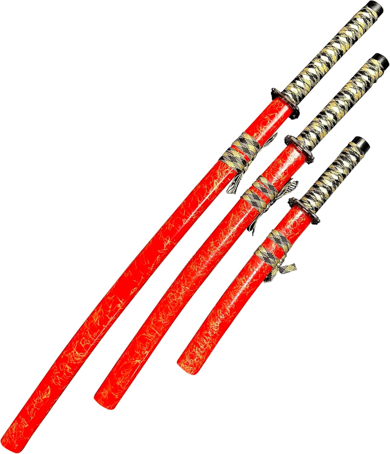 3-Piece Samurai Sword Set with Stand – Red Lacquer Scabbard Katana, Wakizashi & Tanto, 1095 Carbon Steel Blades, Perfect for Display, Cosplay, Martial Arts Practice & Gift Collection