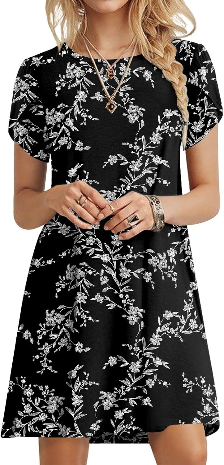 HOTGIFT Womens Short Sleeve Dress Casual Crewneck Dresses Loose Comfy Swing Sundress with Pockets