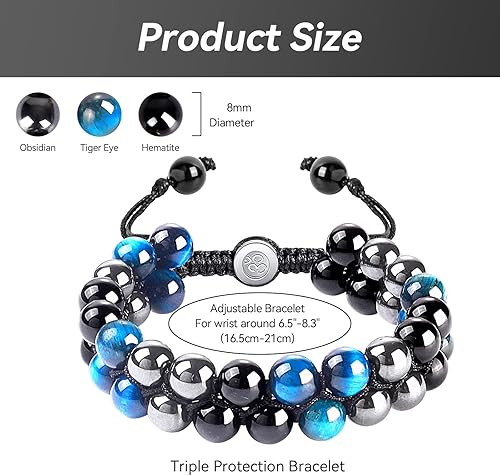 Miniatura 3 de Pulsera de triple protección de 0.315in, pulsera de cuentas de piedra de cristal curativo, ojo de tigre, obsidiana negra y hematita, pulseras para