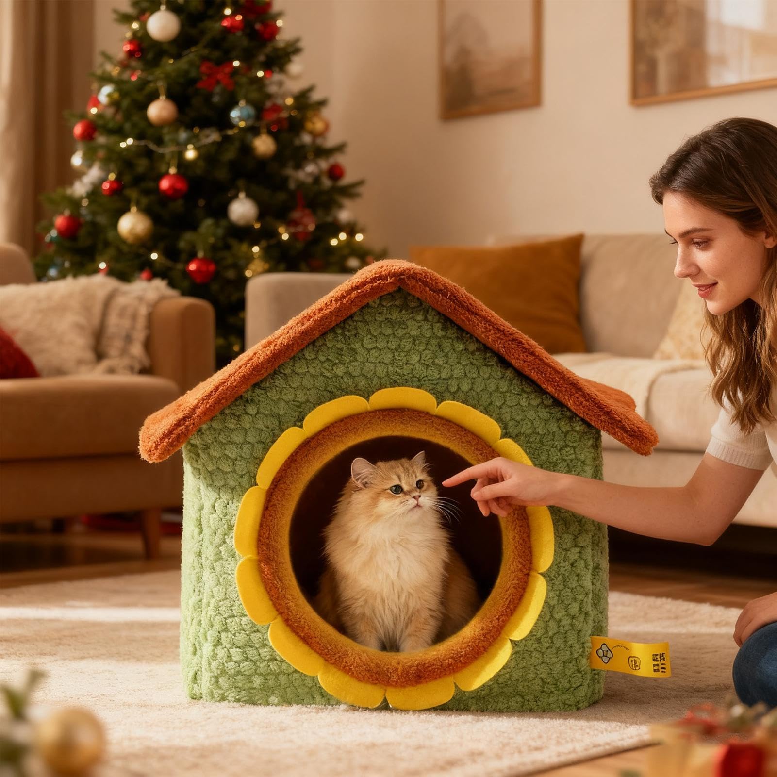 Casa para Gatos de Interior Refugio Extraíble Y Lavable | Camas Para Gatos Con Puerta De Girasol Para Mascotas Pequeñas De Interior Cachorros Y Para Rincón Invierno Y Navidad