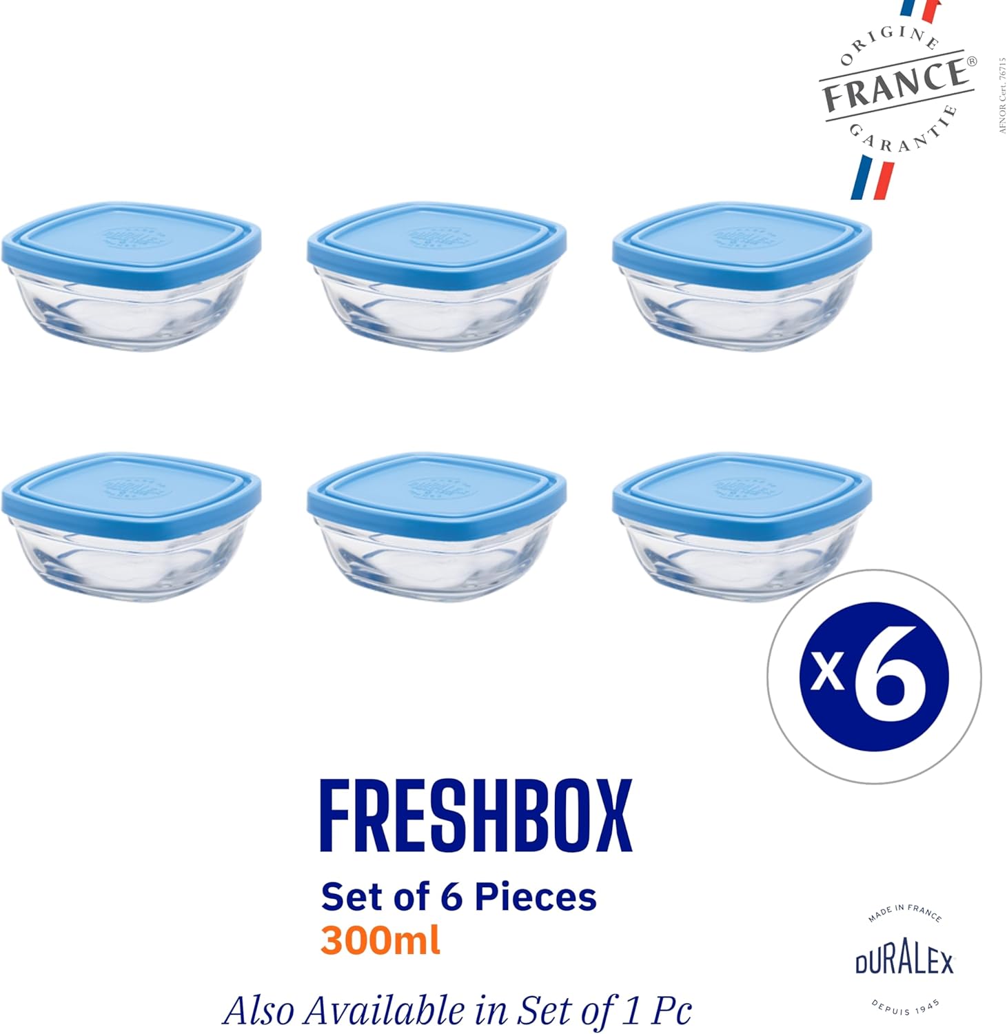 Duralex Made In France Lys 10-Ounce Square Bowl with Lid, Set of 6