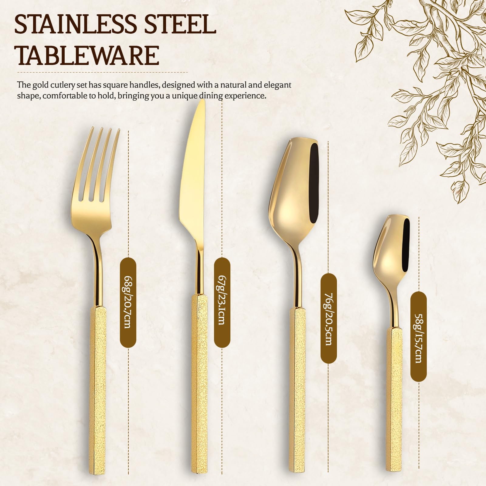 Besteckset Besteck Set 18/10 Edelstahl, Quadratischer Griff, Spiegel Poliert, Elegant Langlebig Geschirr Für Zuhause, Hotel, Restaurant, Neues Haus (Gold,24pcs)