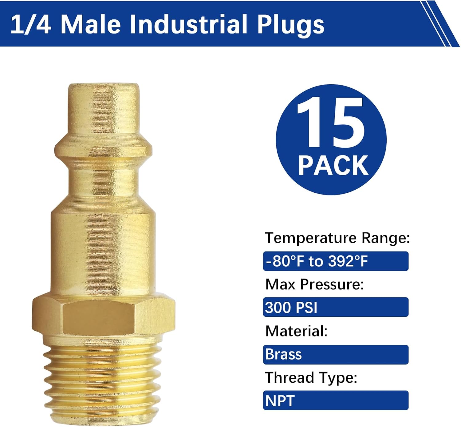 Air Coupler and Plug Kit, 15 Pcs Brass 1/4 Inch NPT Male Industrial Air Hose Quick Connect Adapter, Air Compressor Fittings, 15pcs (Male NPT)