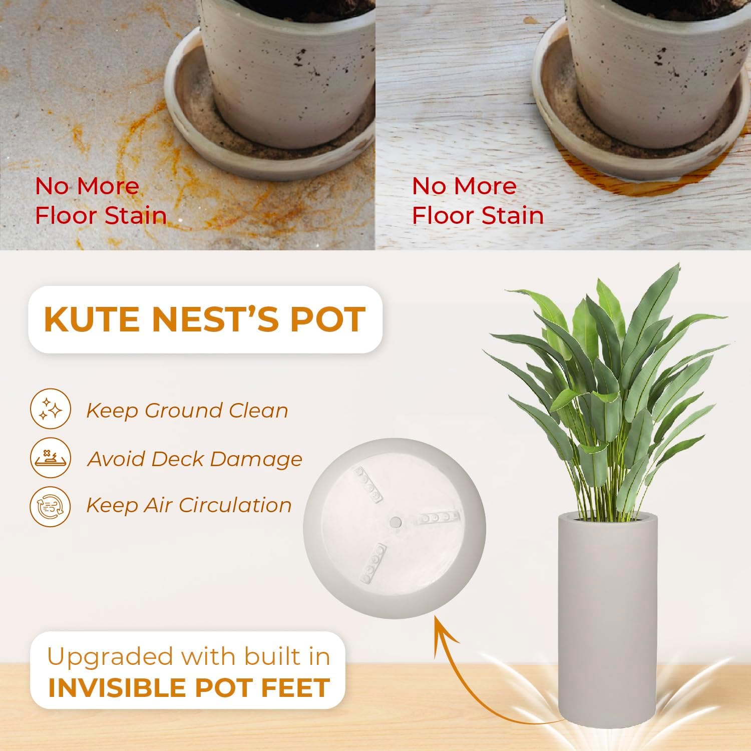 19.5" H x 9.8" D Premium Tubo Fiberstone Cylinder Tall Planter with Drainage Hole, Weather Resistant for Indoor and Outdoor Use, Included 2 Extra Coco Mats (Taupe, 8.2" Pot Opening)