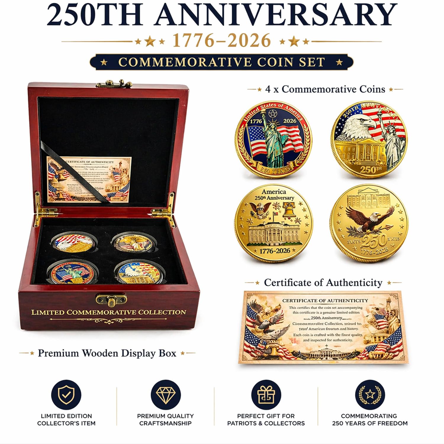 Juego de monedas de 250 aniversario de Estados Unidos (1776-2026) – 4 monedas de desafío patriótico con caja de madera y tarjeta, coleccionable conmemorativo del 250 de Estados Unidos, regalo de