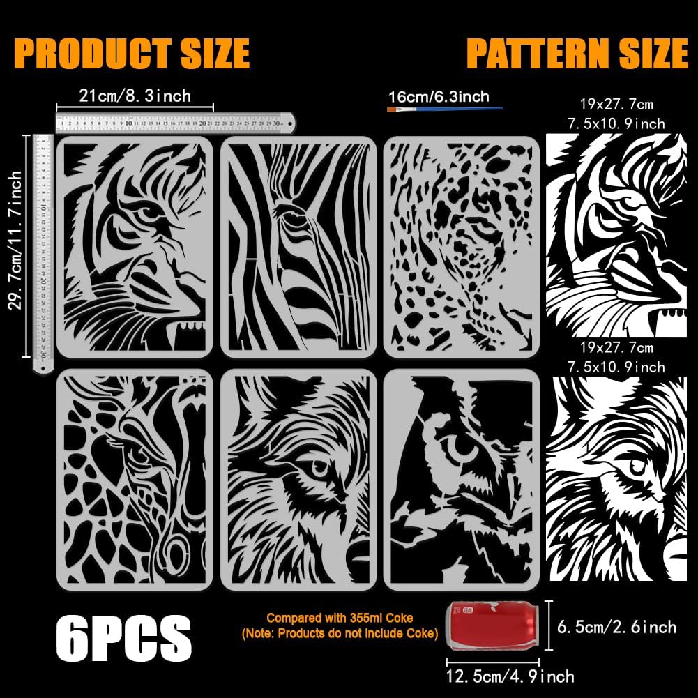FINGERINSPIRE 6 PCS Peep at The Animals Stencil with 1Pc Paint Brush 8.3x11.7inch Wild Animals Stencil Tigers Zebras Leopards Giraffes Wolves Owls Pattern Template for DIY Art Craft Home Wall Decor image 2