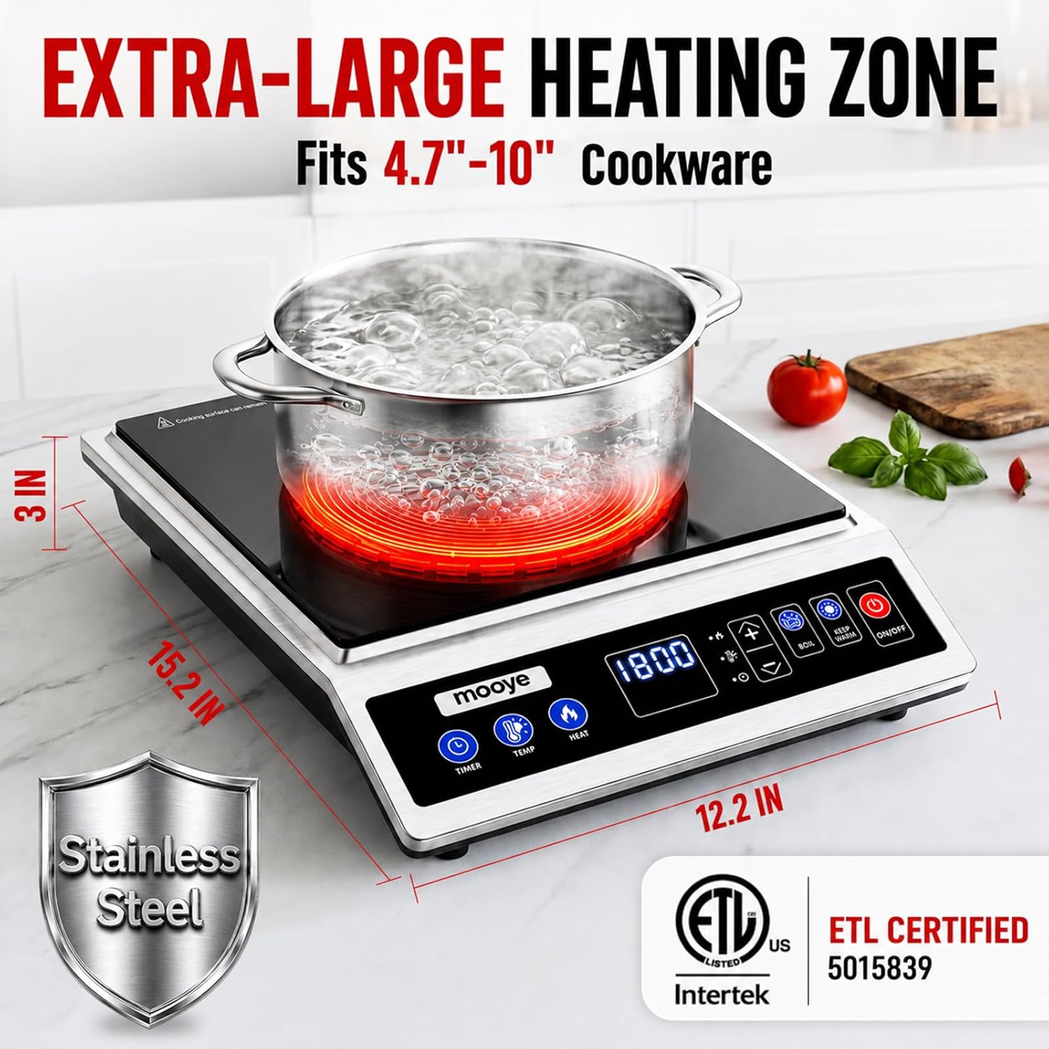 Induction Cooktop Portable Induction Burner Countertop One-Touch Max Power 1800W, 12-Hour Timer Precise Temperature Control Stainless Steel Hot Plate Low-Noise Electric Cooktop for Home-Regular thumbnail