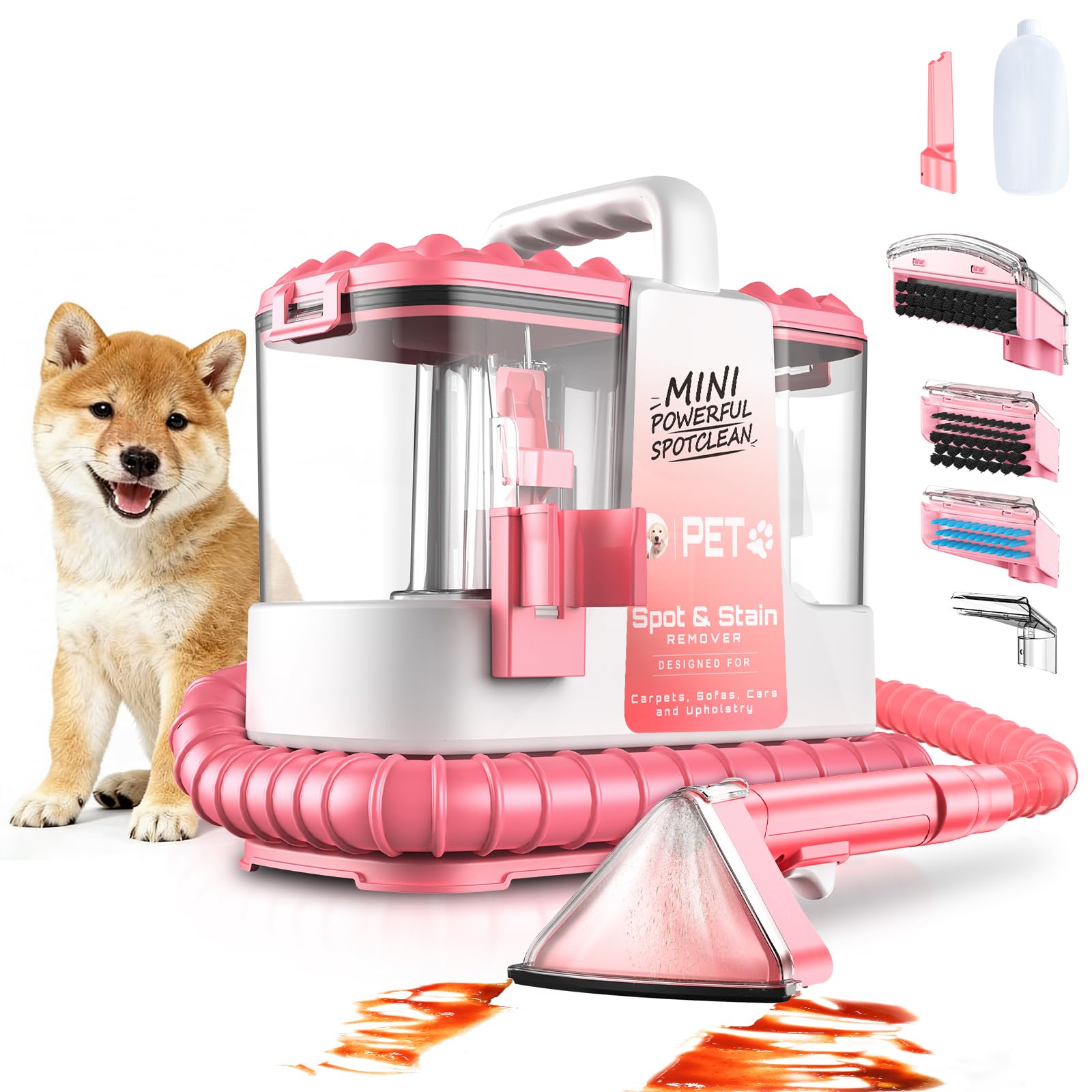 Nettoyeur canapé tissu, 18Kpa Shampouineuse Canapé 600W, Aspirateur Nettoyeur avec 500ml de Solution & 5 Accessoires, pour Tapis, Escaliers, Voiture, Design Léger, Rose