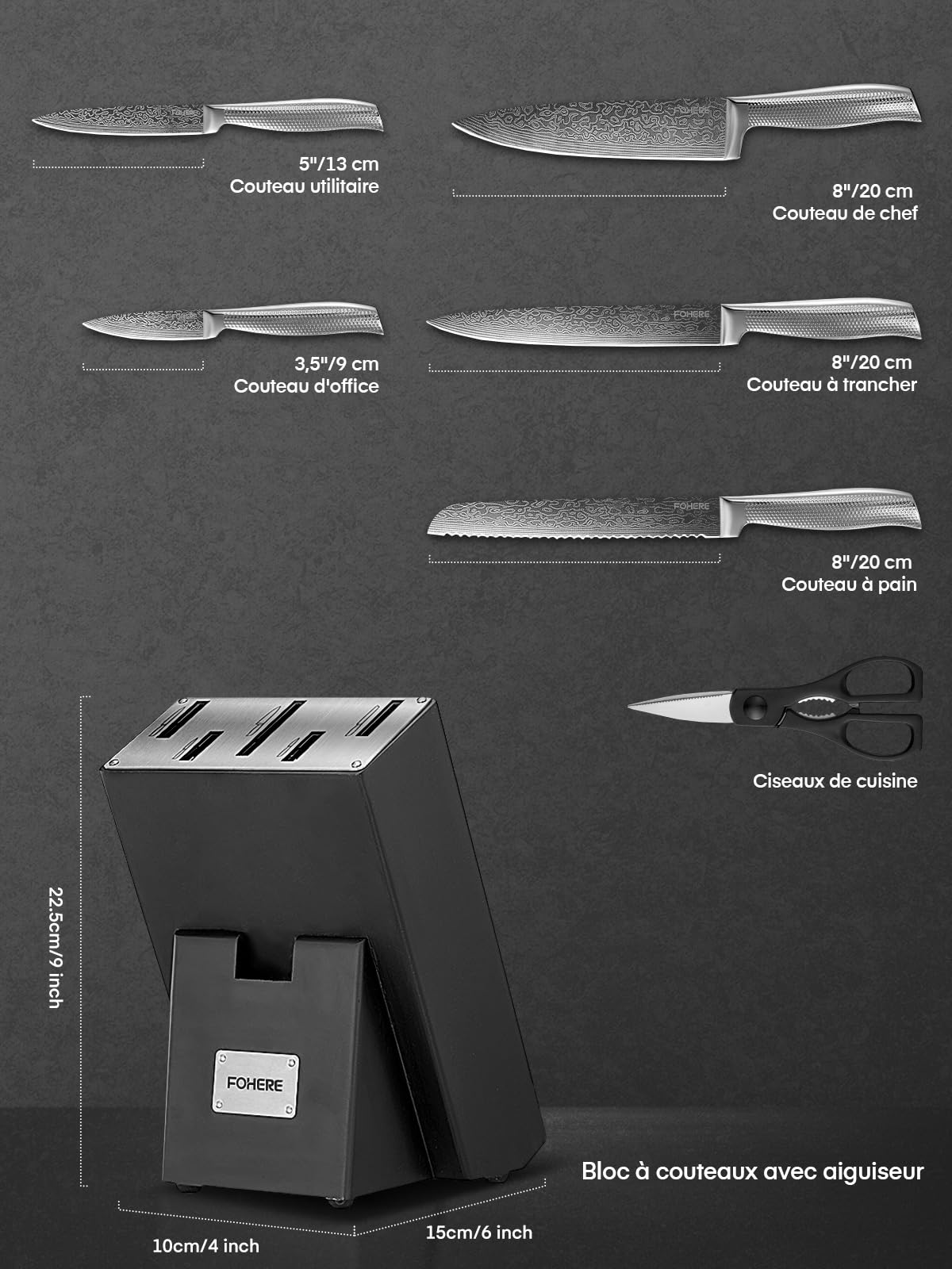 FOHERE Couteau Cuisine, 7 Pièces Set Couteaux Cuisine avec Technologie Affûteur Intégré, Couteaux de Cuisine en Acier Inoxydable, avec Bloc Couteaux en Bois