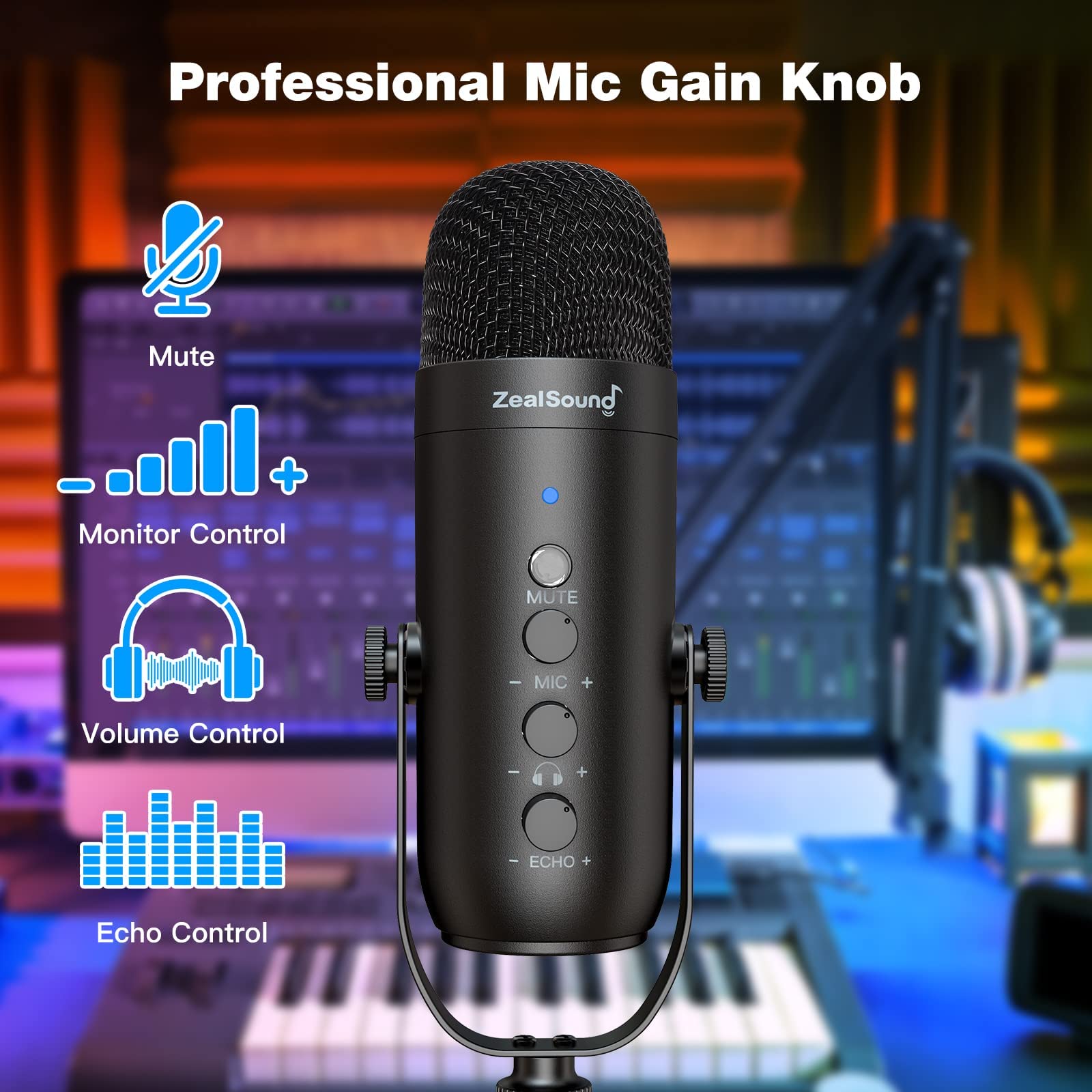 ZealSound Mikrofon USB Kit, Microphone Pojemnościowy dla PC, telefon, z przyciskiem wyciszenia/Gain/echa, statyw Mikrofonu, do nagrywania, Streaming, Gaming, Podcast, YouTube, kompatybilny z PS4 i 5