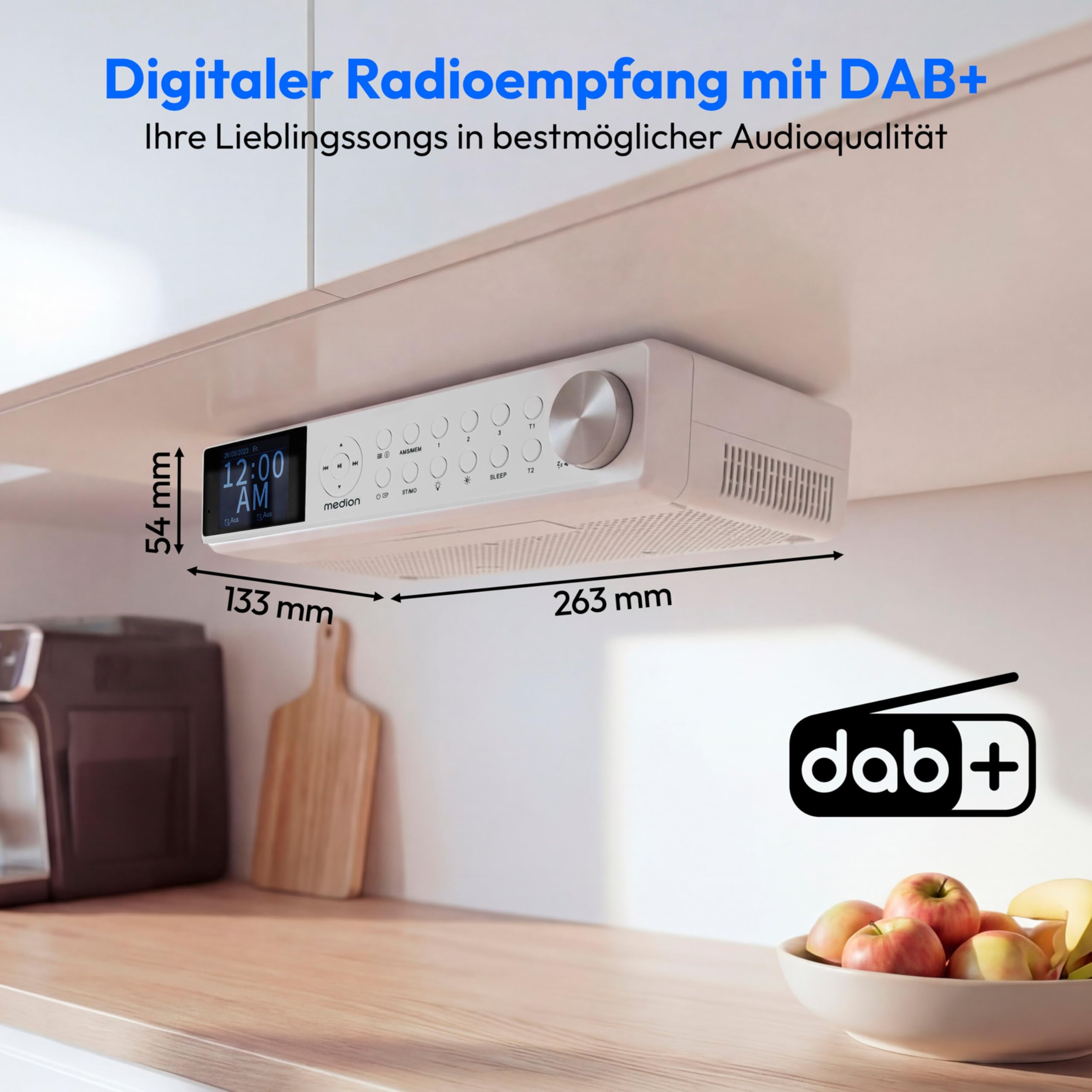 MEDION P66750 Küchen Unterbauradio (DAB+ Küchenradio, PLL UKW Radio, dimmbares TFT Farbdisplay, Koch Timer, Bluetooth, LED Leiste, inkl. Montagematerial) weiß