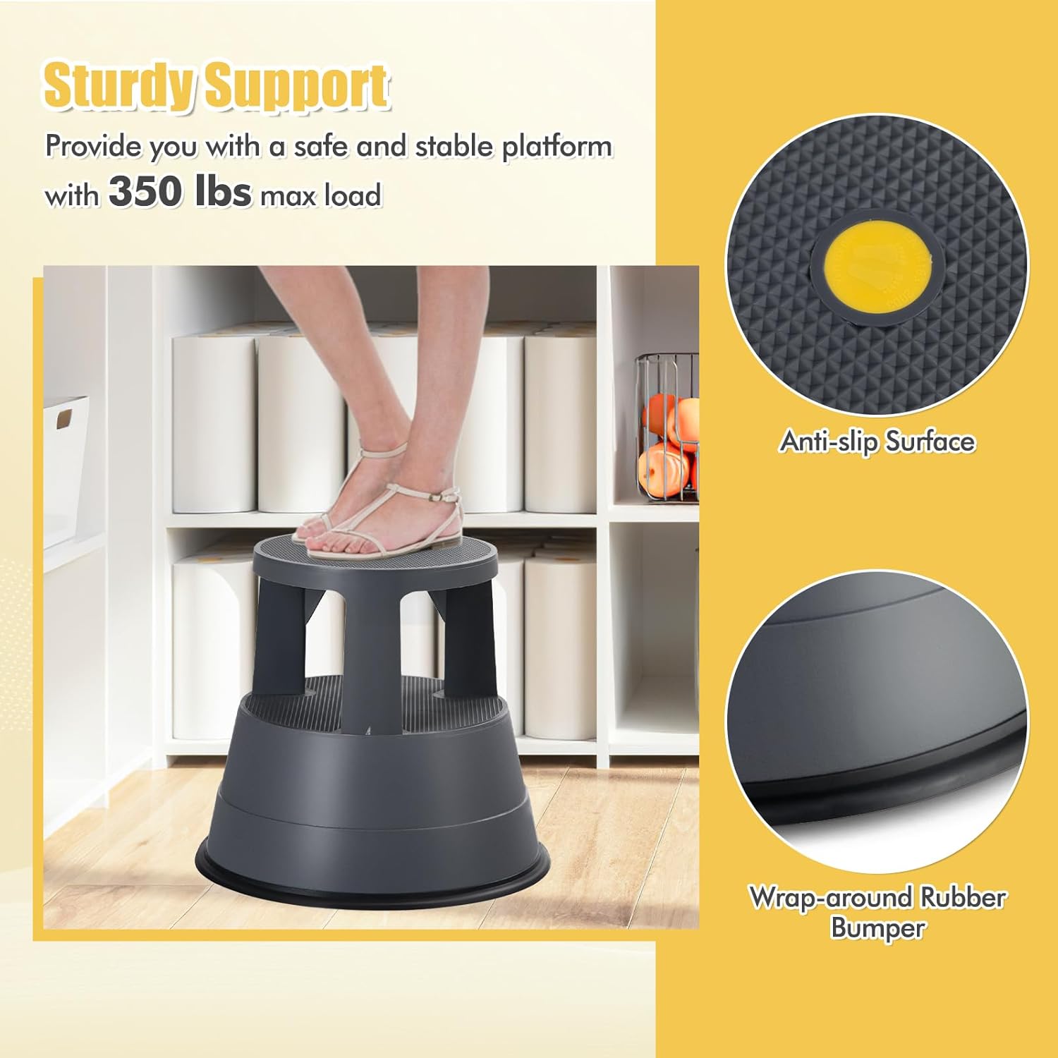 Rolling Step Stool, 350 LBS Capacity 2-Tier Anti-Slip Round Kick Stools, Retractable Casters, Portable Step Stool with Wheels for Library, Kitchen, Home Office, Garage, Grey