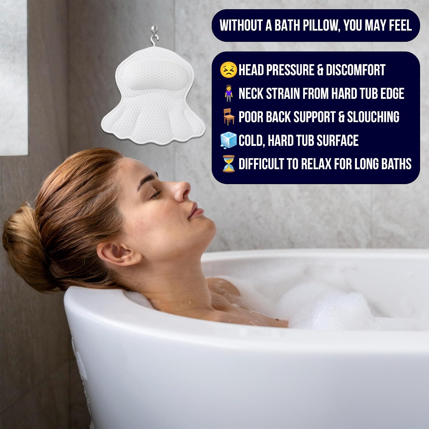 Luxury Bath Pillow for Tub – 4D Air Mesh Cushions with Non-Slip Suction Cups – Extra Soft Bathtub Headrest for Head, Neck & Back Support – Machine Washable Spa Bath Accessories Gift – White