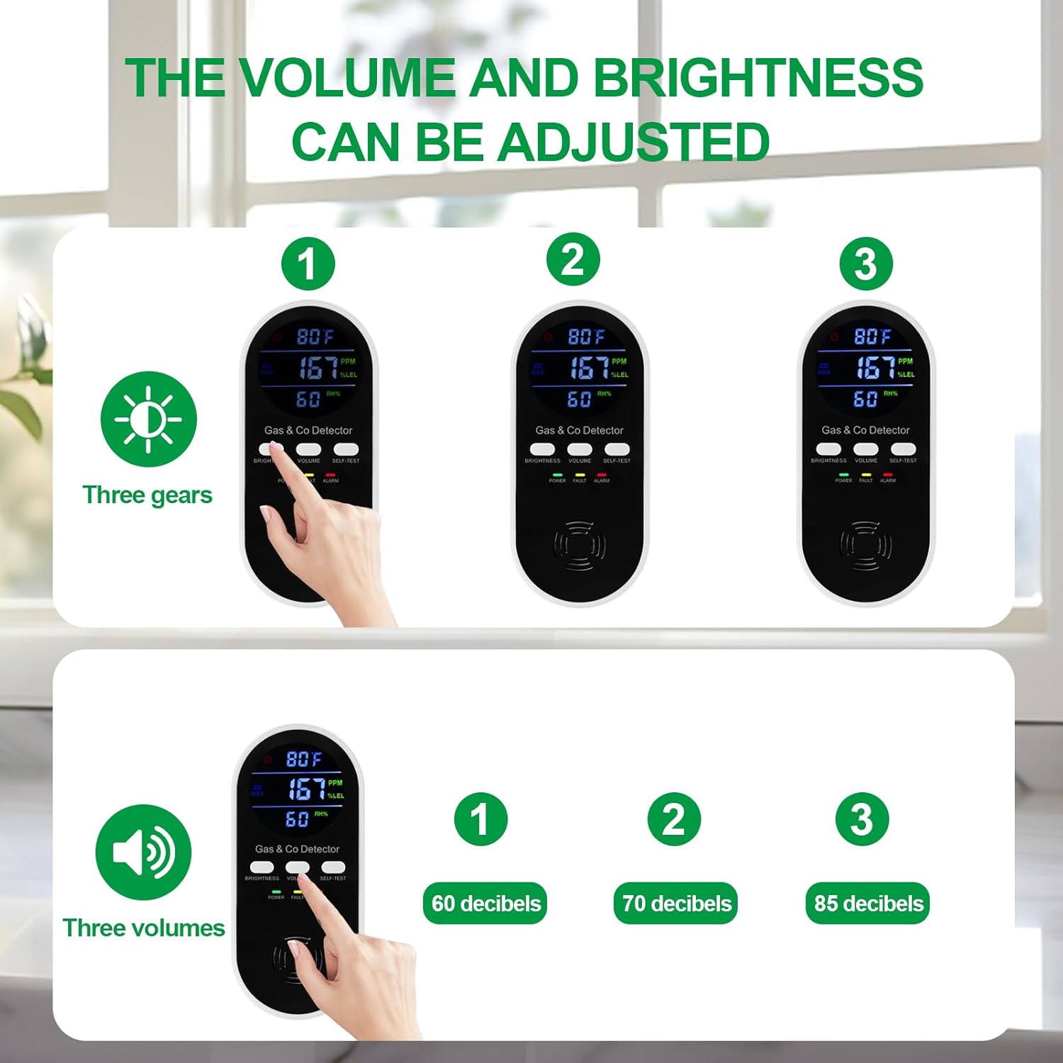 2 Pack 5-in-1 Carbon Monoxide Detector & Natural Gas Leak Alarm,AC-Plug-in CO Alarm & Explosive Gas Detector Battery Backup with 4 sensors,Three Levels Volume & Brightness for Home,RV,Hotel - Image 4