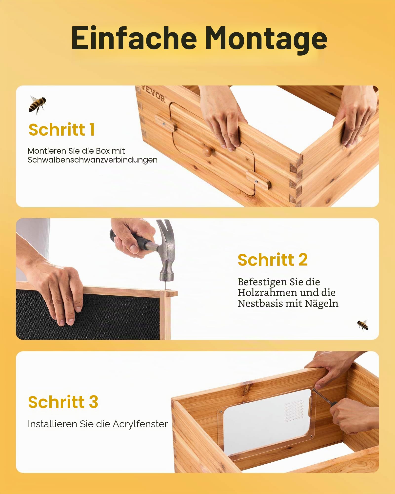 VEVOR Bienenstock, Zander Beute für 30 Rahmen, mit Bienenwachs beschichtetes Tannenholz, 2 Tiefe + 1 mittelgroßer Bienenkasten, Langstroth-Bienenstock-Set, transparente Acrylfenster mit Fundamenten