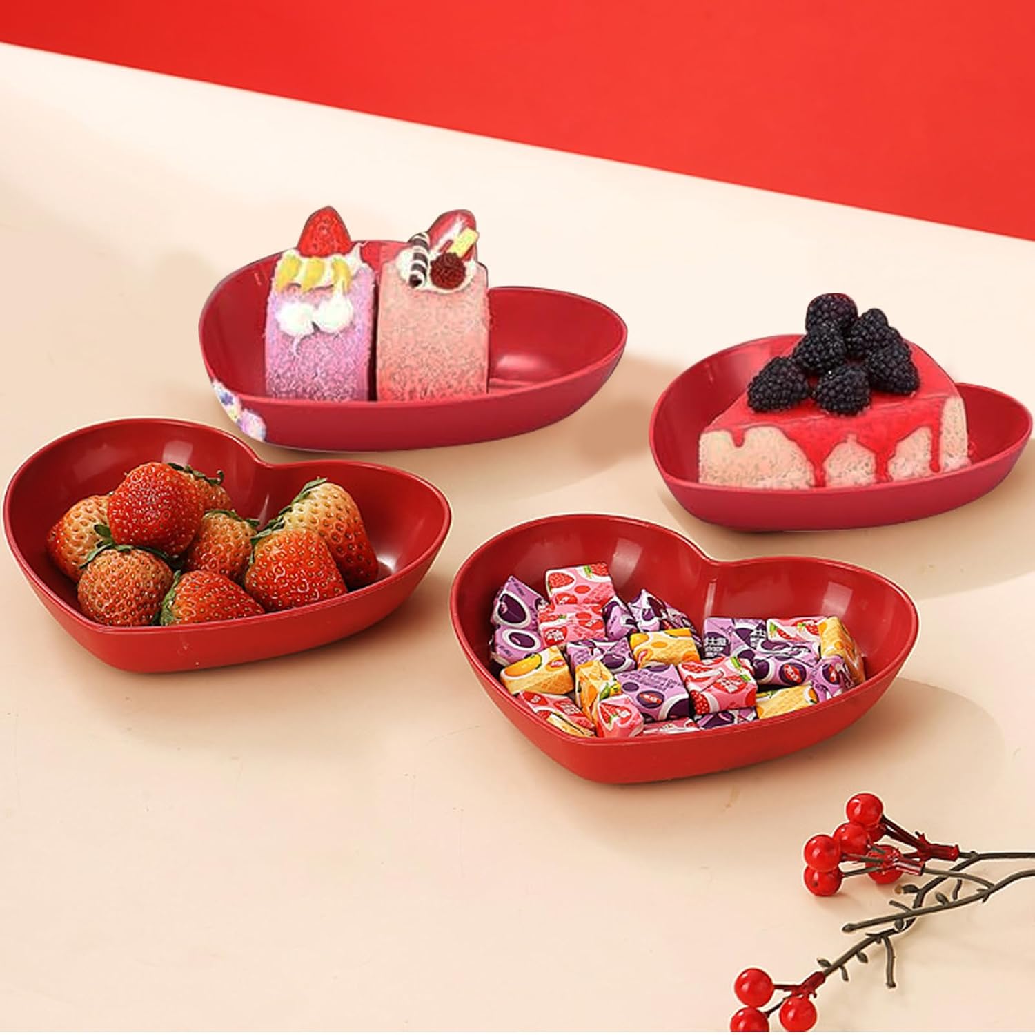 6 Pcs Valentine's Day Heart Bowl Set, Valentines Candy Bowls for Dinner Appetizer Sauce Dish Dipping Snack Fruit Dessert Steak, Red