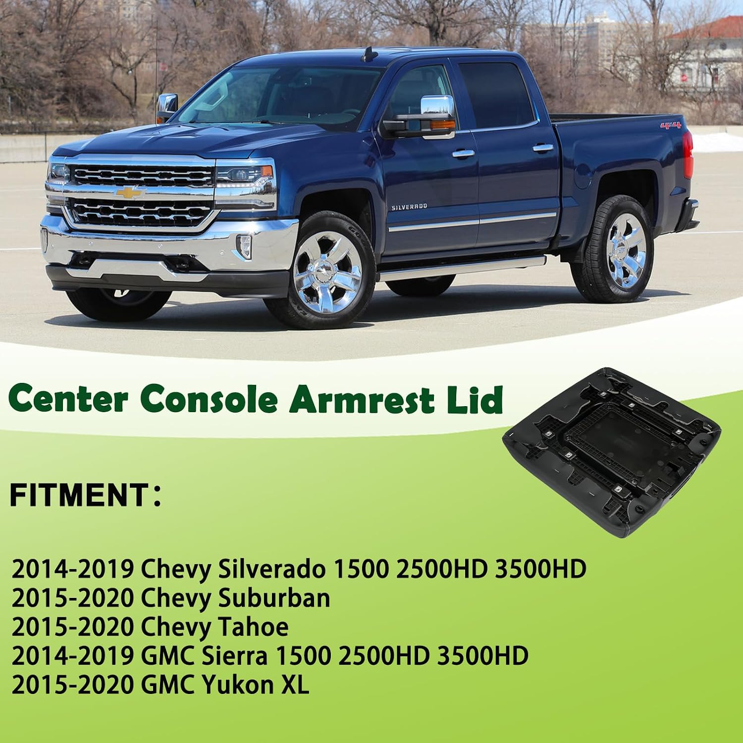 Front Seat Center Console Armrest Lid Cover with Liner Mat Black Compatible with 2014-2019 Chevrolet Chevy Silverado Suburban Tahoe GMC Sierra Yukon XL Replaces 22881398 22876379