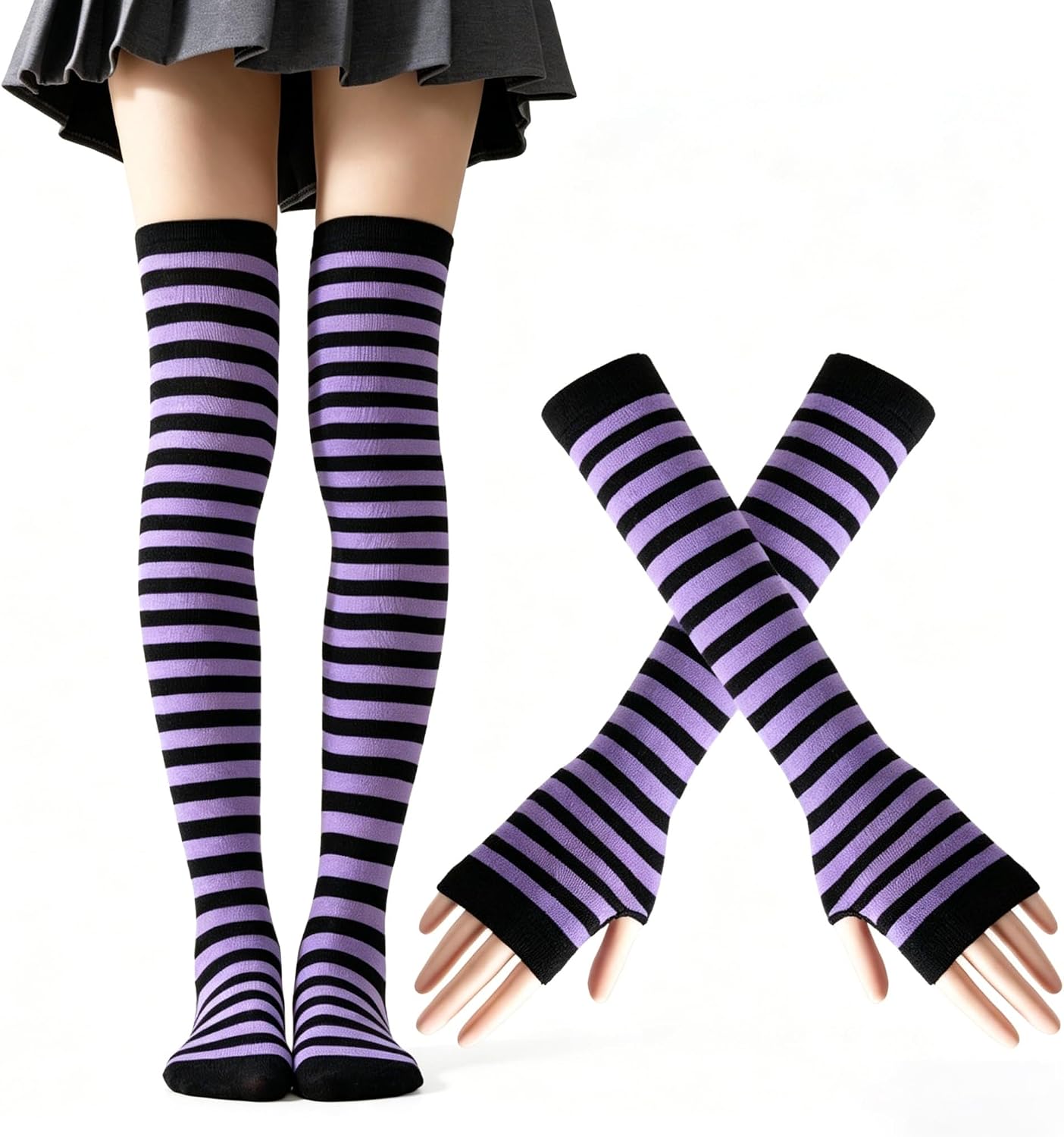 Striped Knee High Socks Fingerless Arm Warmer Set Costume Accessories