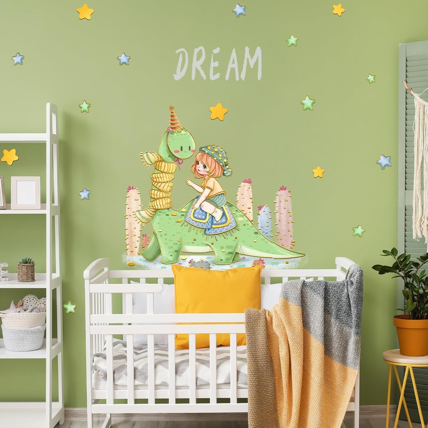 2 Sheets Dinosaur Wall Stickers for Girls Room Cute Girl Green Dino Cactus Wall Decals Peel and Stick Murals for Kids Bedroom Nursery Decor (Green Dinosaur)