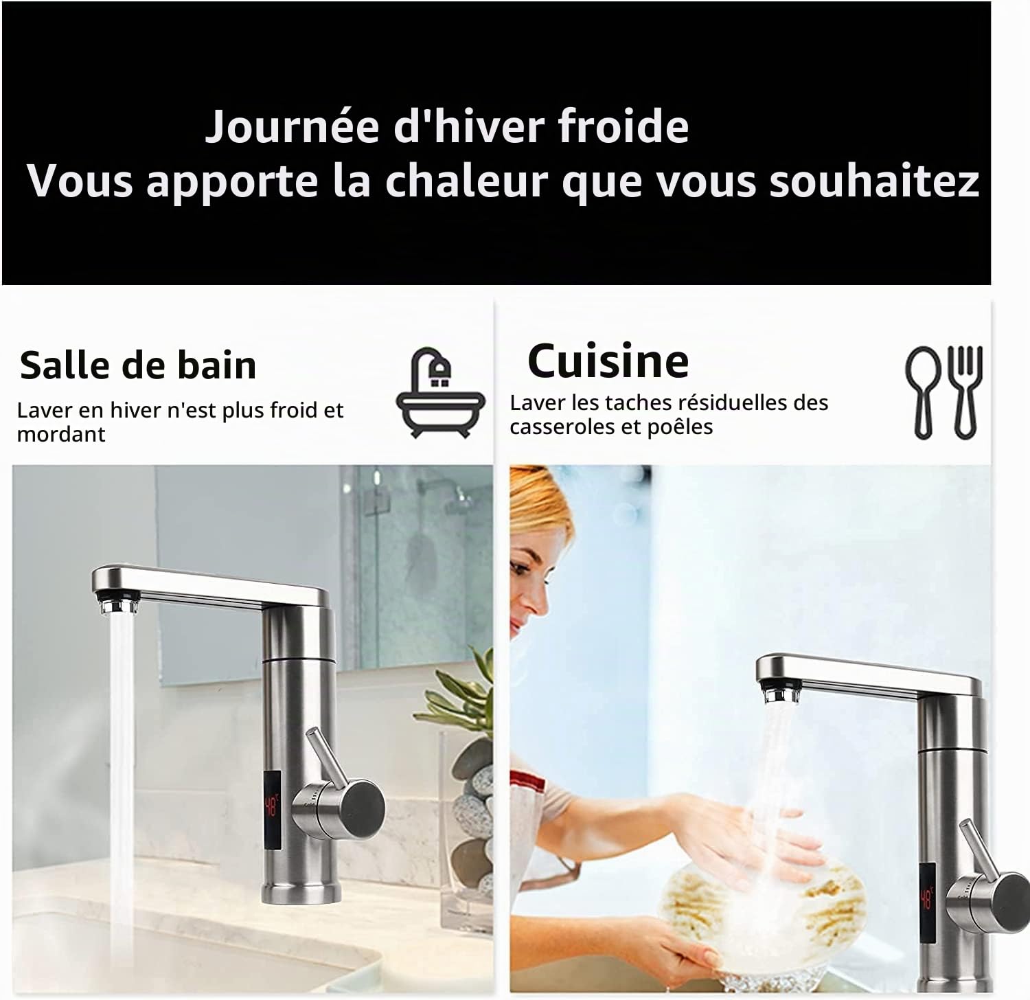Robinet Chauffant Instantané 3000W 220V en Acier Inoxydable 304, Cuisine Chaude et Froide Réglable, 360° Rotatif pour Cuisine Bar Salle de Bains, Affichage LED