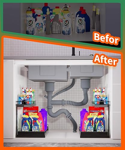 Miniatura 6 de Organizador para debajo del fregadero, 2 niveles deslizantes para almacenamiento debajo del gabinete, acero al carbono de carga pesada para