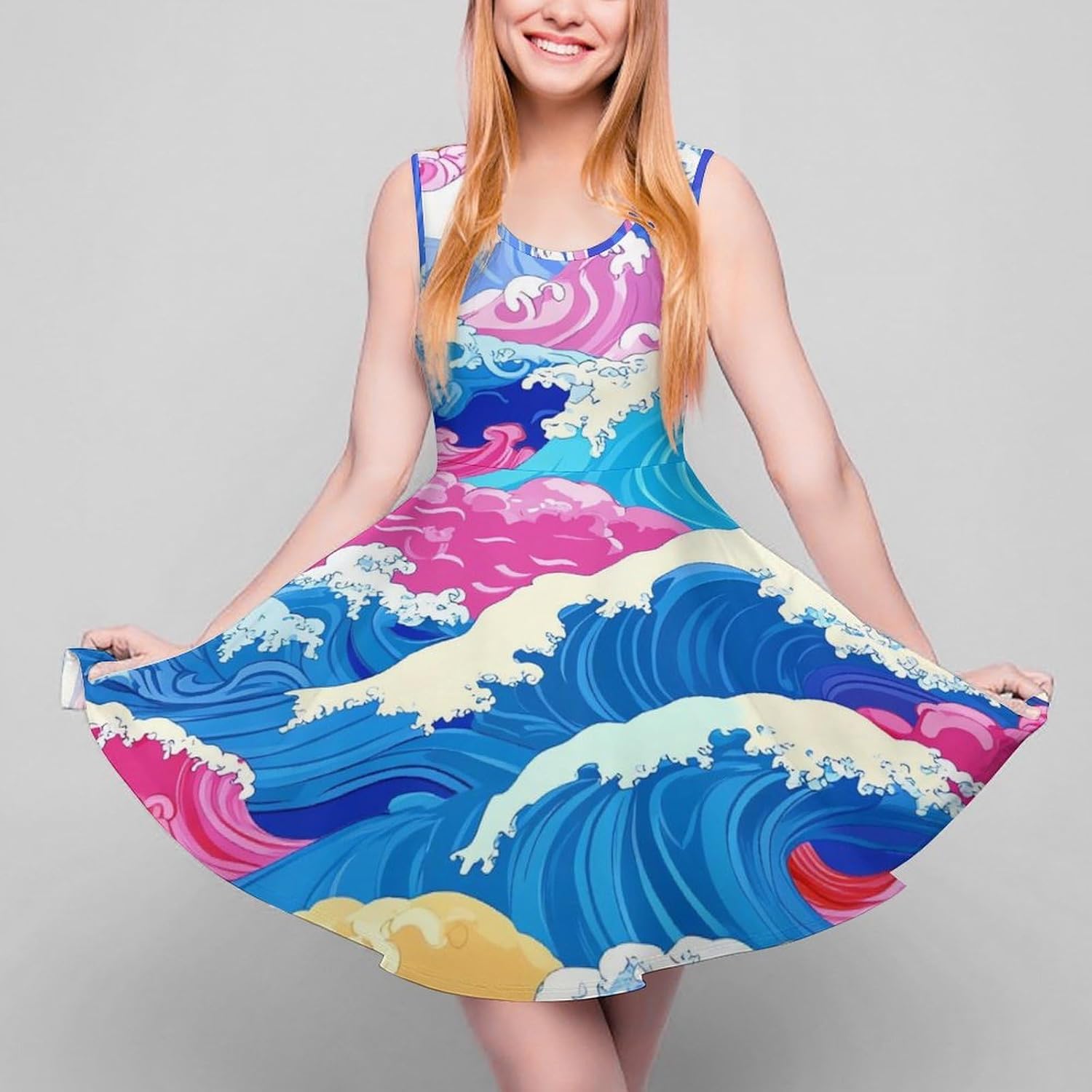 Wave Japanese Women's Dresses Round Neck Dress Sleeveless Tank Dress Ruffle Hem Sundress