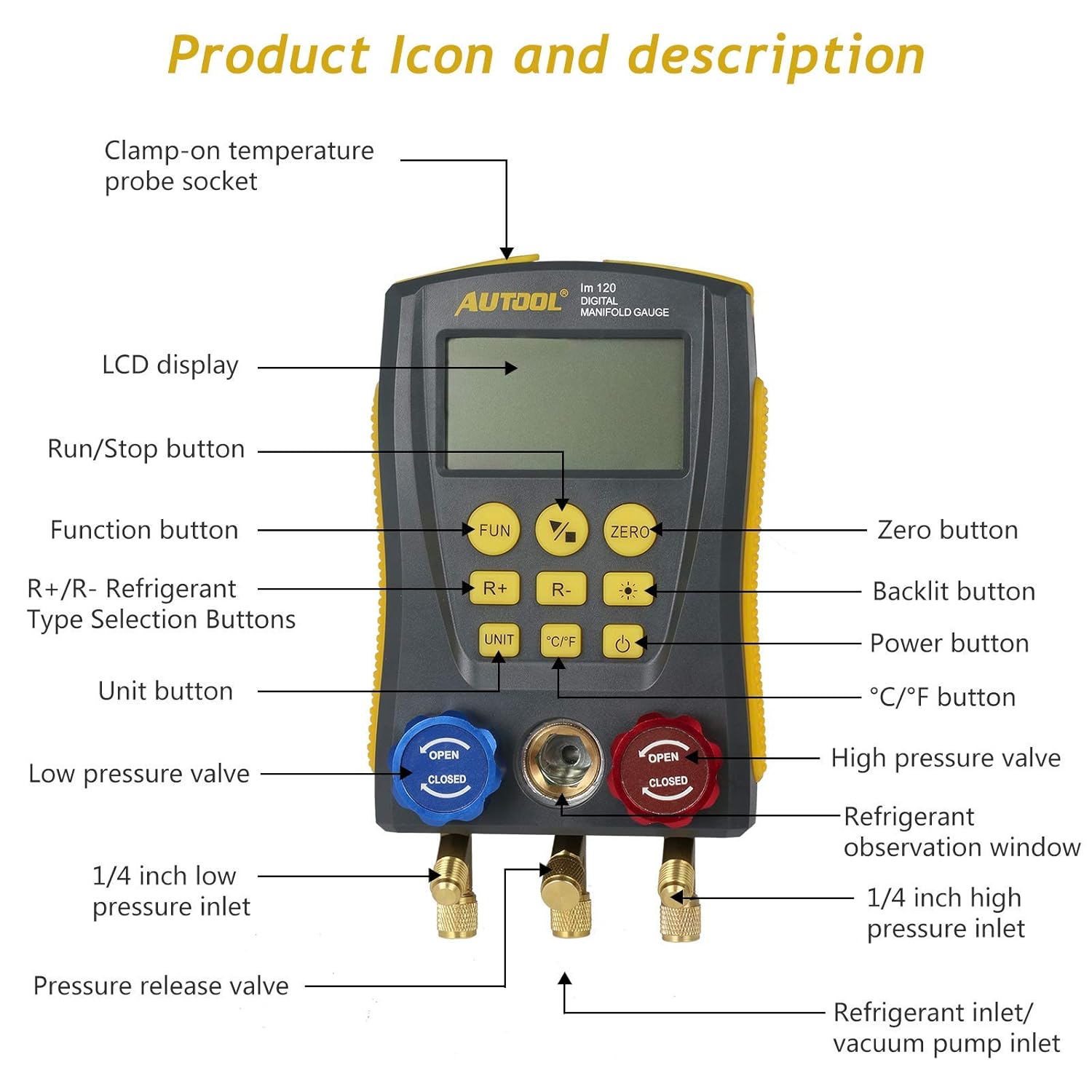 AUTOOL Digital Refrigeration Manifold Gauge Set with Test Clip and Pipe