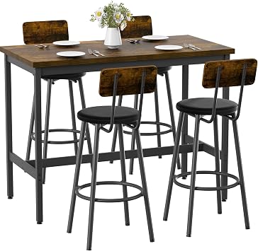 Elevon 47 in Long Bar Table Set with 4 PU Leather Bar Stools, Dining Table and Chair Sets, Industrial Tall Coffee Table and Back Chair for Kitchen, Living Room, Party Room, Pub, Brown