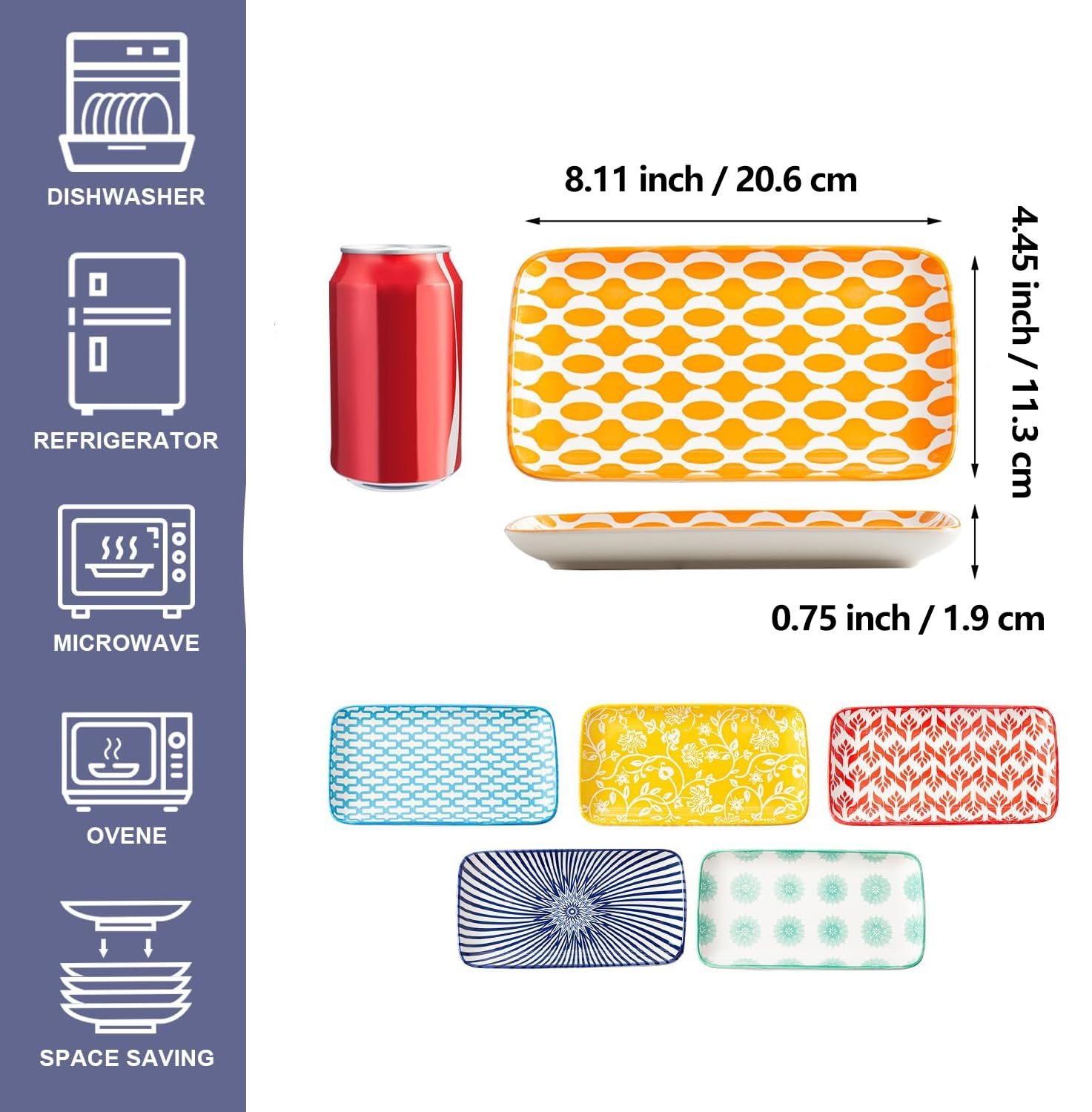 Juego de platos rectangulares para servir – Platos rectangulares de cerámica de 20×11 cm – para ensalada de sushi, postre, apto para horno, microondas y lavavajillas, Lote de 6, multicolor