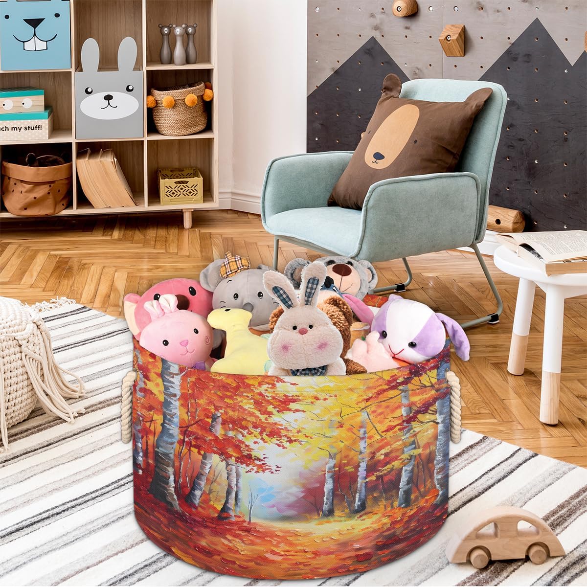 Large Round Laundry Basket Forest Fall Red Toy Bins Organizers and Storage for Girls Canvas Collapsible Blanket Storage Basket Laundry Hamper Gift Baskets Bedroom Clothes Children Nursery