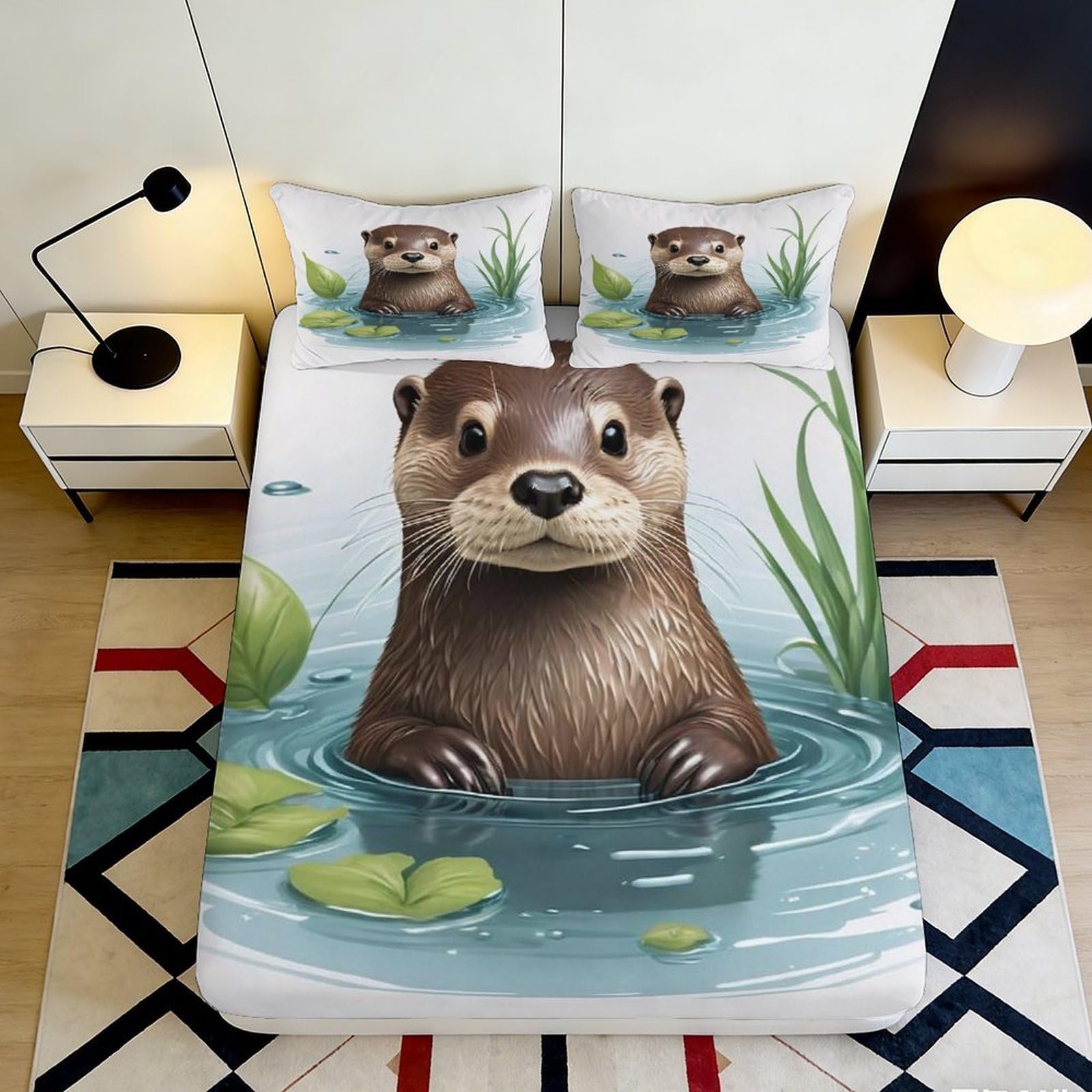 3D Printed Otter Pond Fitted Sheet Microfiber Soft Anti-Slip Mattress Cover for Bedroom Guest Room Dorm Easy Care 90x200x25cm