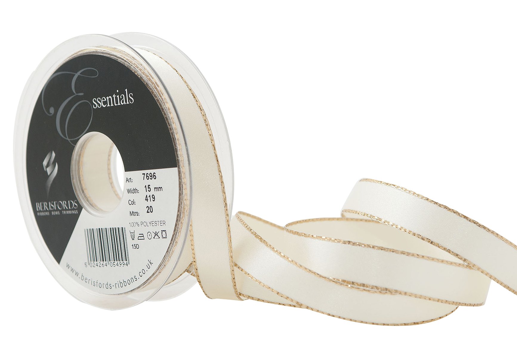 Berisfords Bridal White 15 Mm Polyester Yarn Gold Edge Satin Ribbon,