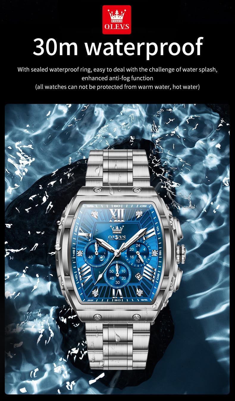 OLEVS Mens Watches Analog Quartz Chronograph Square Dress Watch for Man Stainless Steel or Leather Band Waterproof Luminous Date Male Watch - Image 3