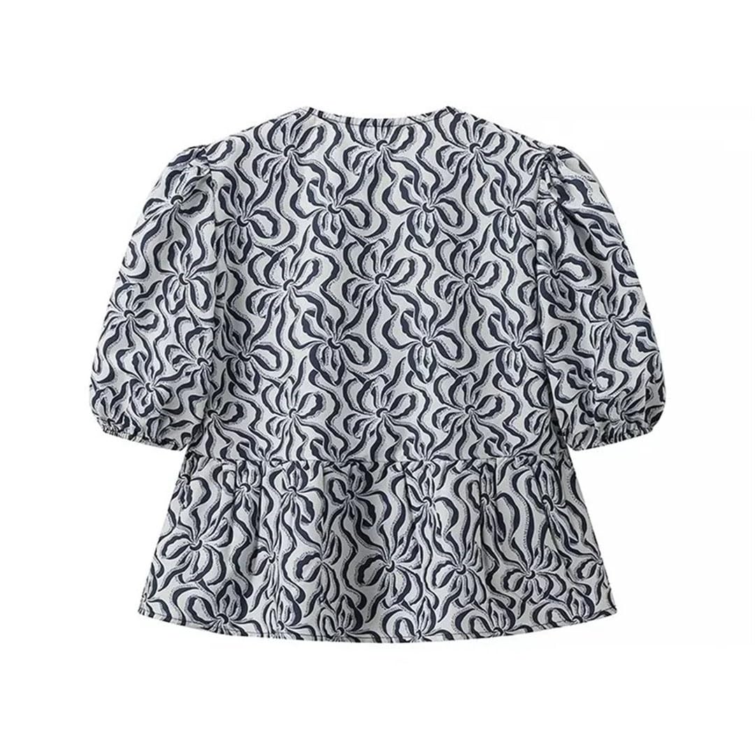 Primavera Donne Stile Girocollo Pizzo Decorazione Dolce Bolla Maniche Camicia Corta