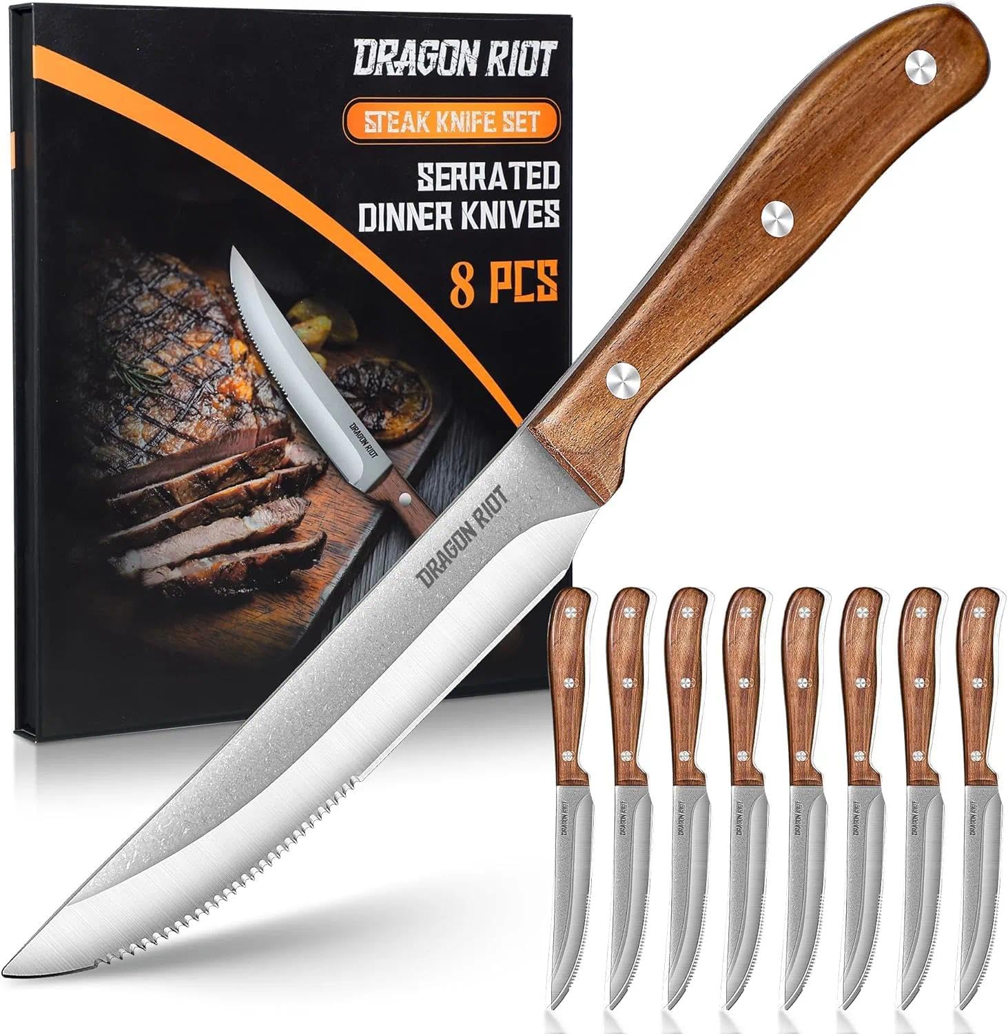 DRAGON RIOT Set Di 8 Coltelli Da Bistecca, Coltelli Da Carne Con Manico In Legno, Set Di Coltelli Da Tavola Con Confezione Regalo