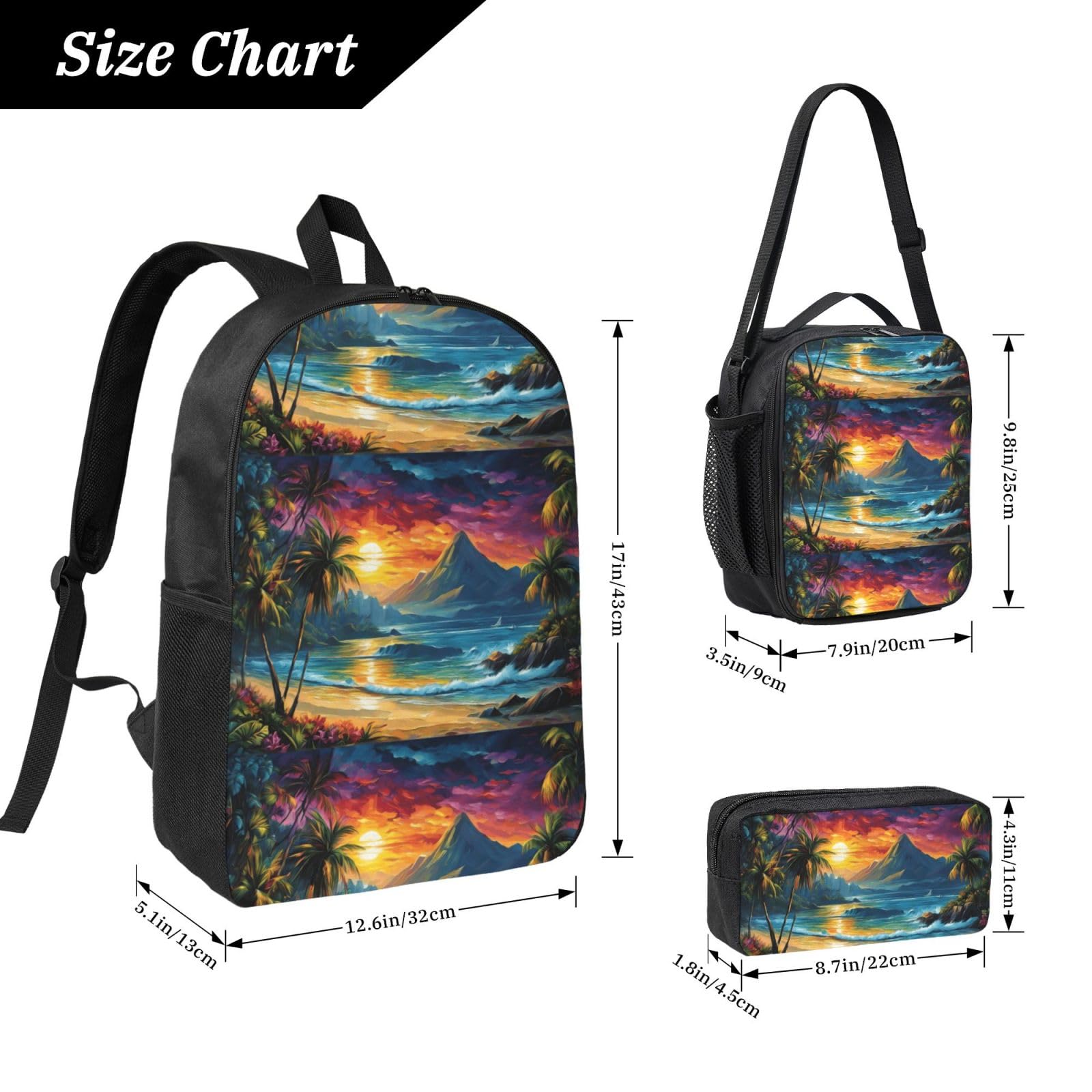 Set zaino con stampa palma di cocco con borsa per il pranzo e astuccio | Confezione combinata minimalista per adolescenti, borsa termica per cancelleria, uso quotidiano all'aperto